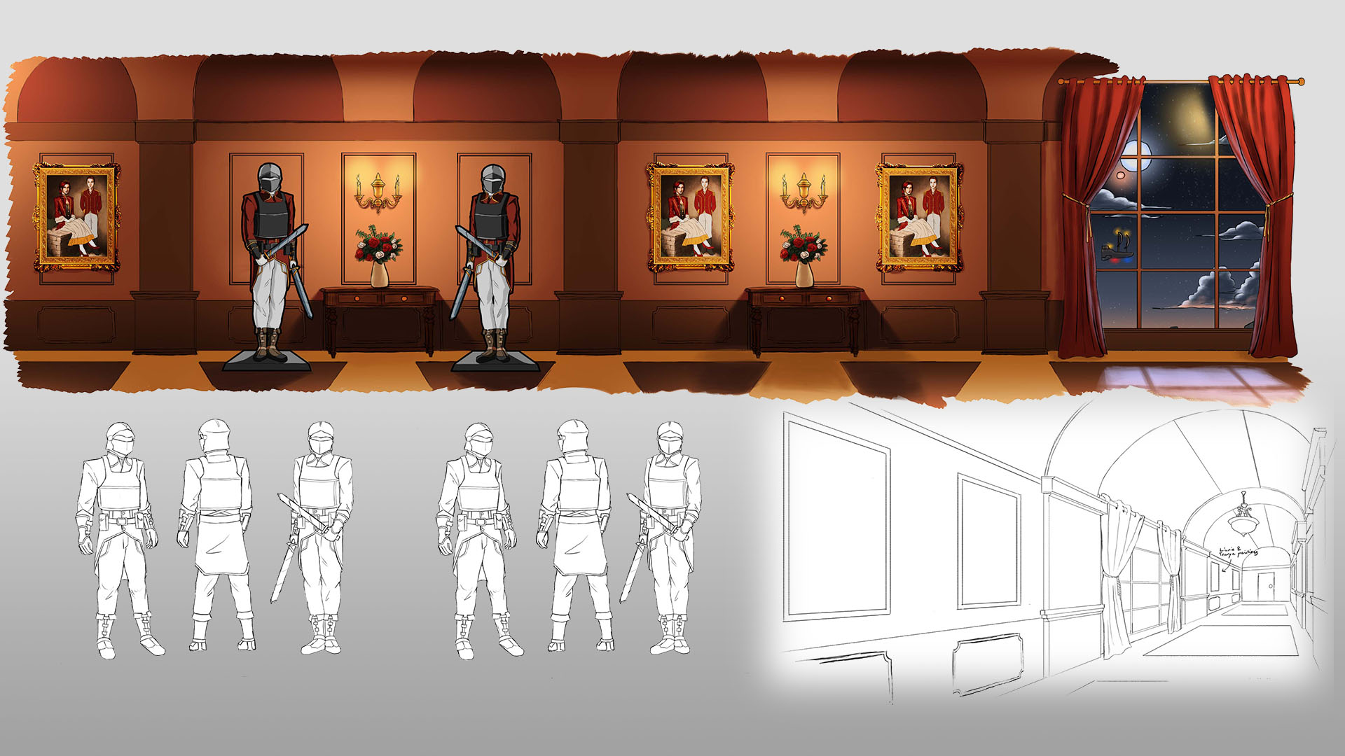 A concept art piece showcasing a hallway with a warm colour scheme and a turnaround sketch of a piece of armor.