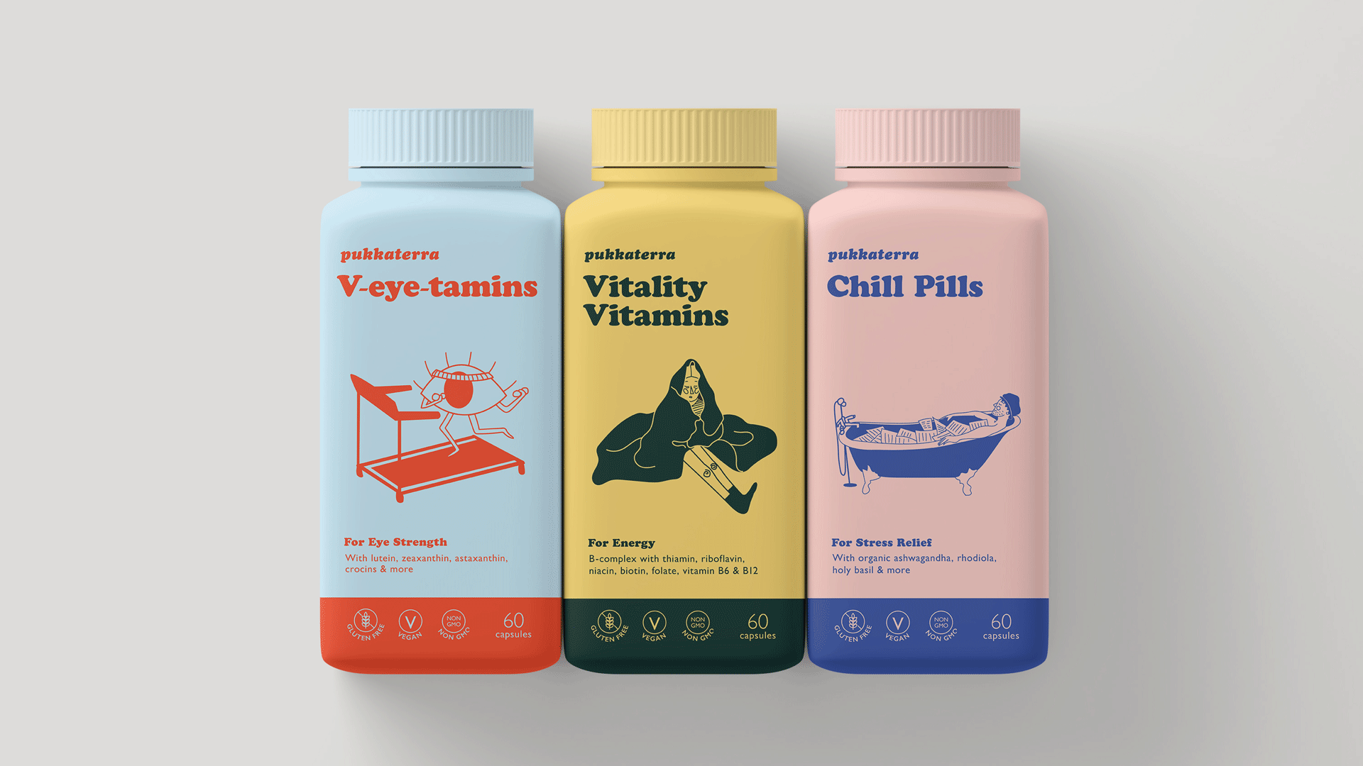 Three colourful vitamin bottles with unique illustrations on each. V-eye-tamins has an illustration of an eye on a treadmill. Vitality Vitamins has an illustration of a person wrapped in a blanket. Chill Pills illustrates someone drowning in their homework.