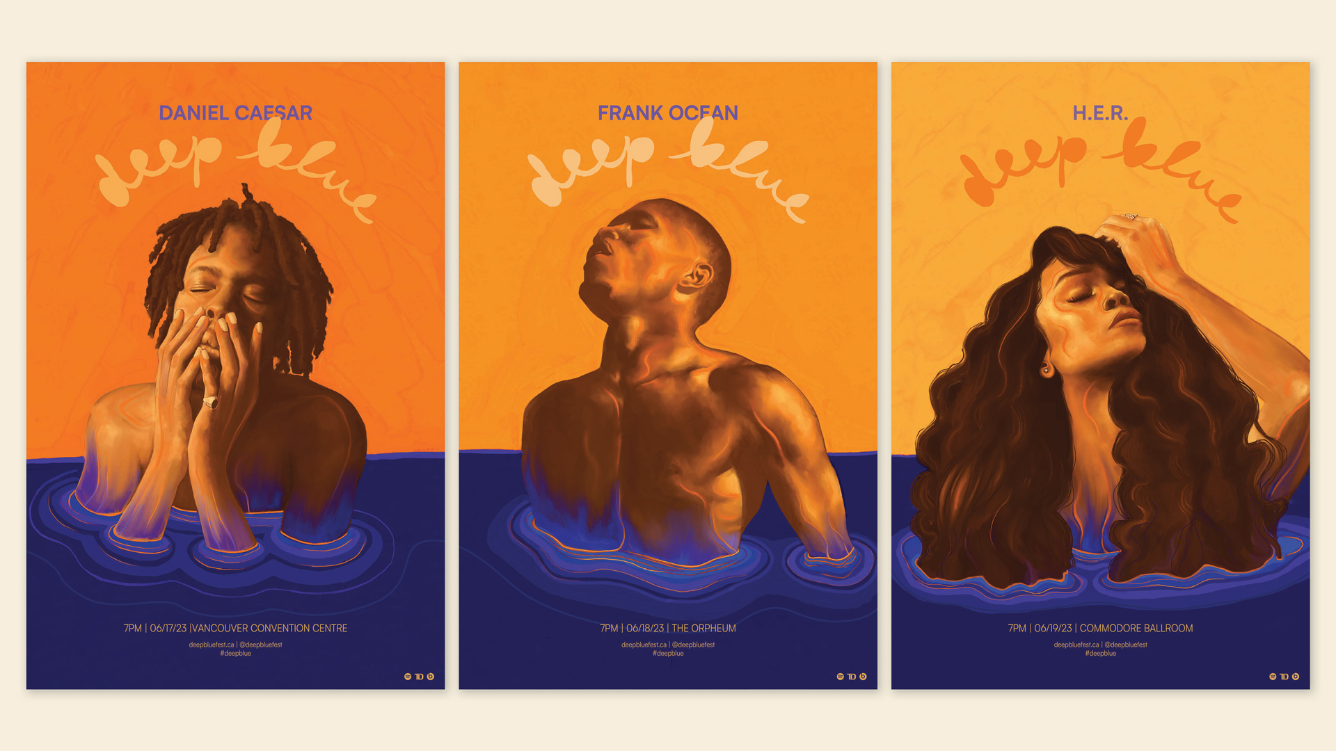 Three posters showcasing R&B artists Daniel Caesar, Frank Ocean, and H.E.R. emerging out of deep blue water into the light.