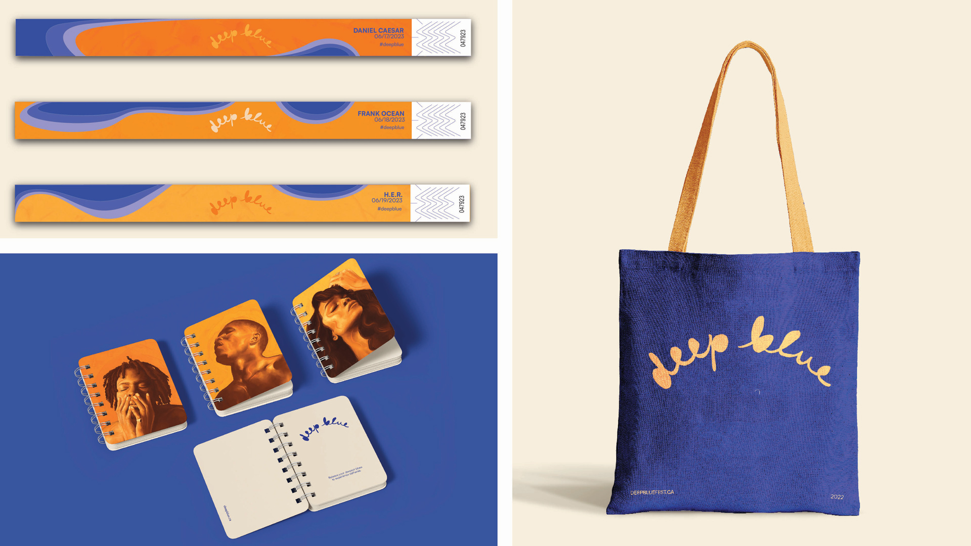 Wristbands, notebooks, and a tote bag showcasing the branding for Deep Blue music festival, utilizing blue, orange, and the Deep Blue logo.