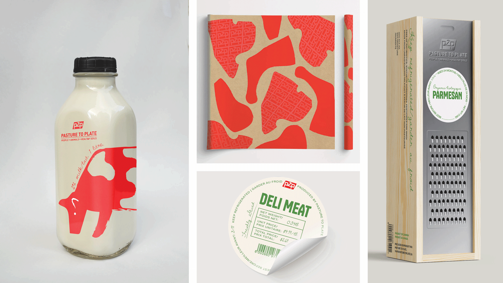 A GIF showing a rotating glass bottle of milk printed with a red graphic of a cow; butcher paper; a round sticker that reads “DELI MEAT”; and a wooden parmesan package with a built-in metal cheese grater.