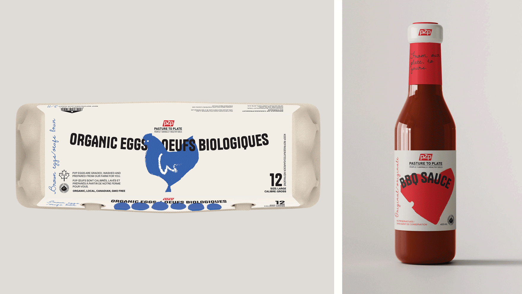 Egg carton with graphic blue chicken and eggs, and a bottle of barbeque sauce with a red meat graphic shaped like a heart.