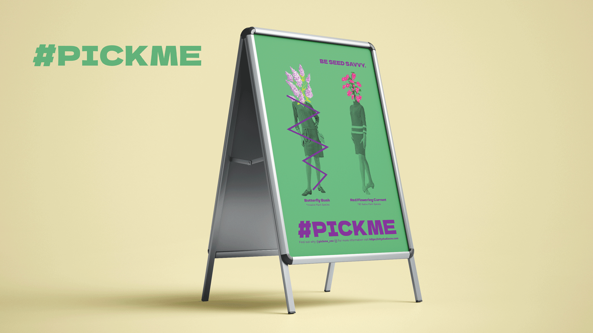 A GIF of three posters on an A-stand that read “#PICKME” and utilize photos of people with invasive plant species or seed-savvy plant alternatives as heads.