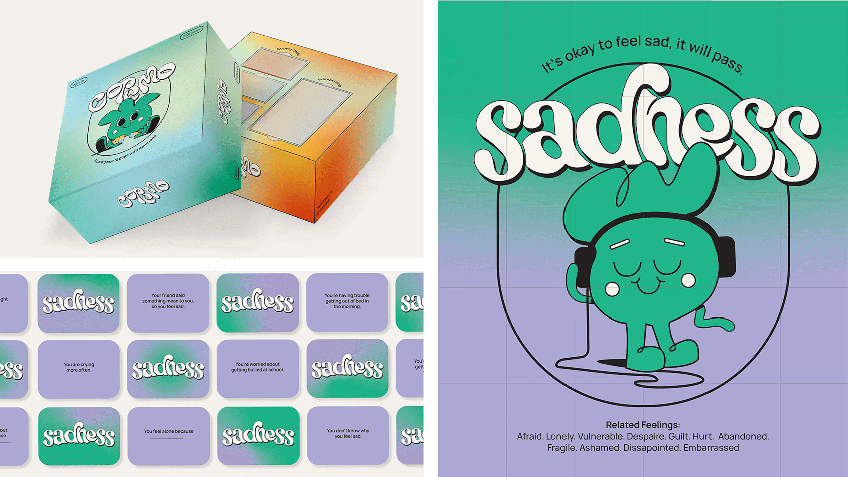 Box of cards with colourful gradients and a character, plus a GIF that switches between puzzles and prompt cards that read “anger,” “sadness,” and “joy.”