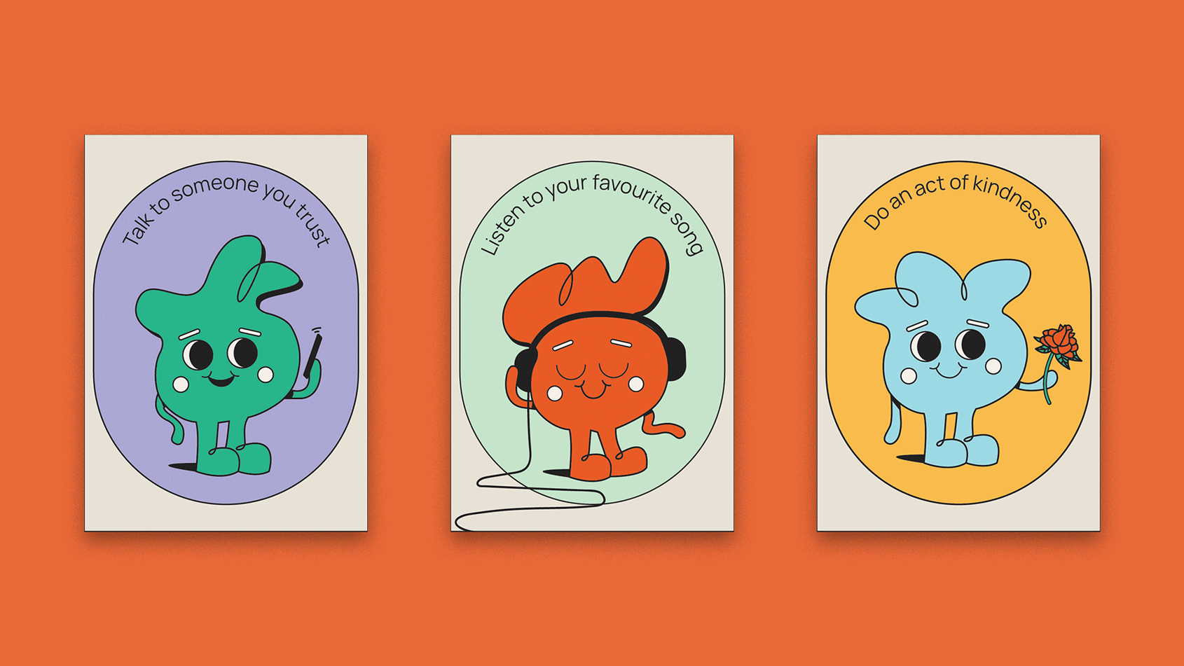 A GIF of three decks of cards showing colourful characters actioning different coping mechanisms.