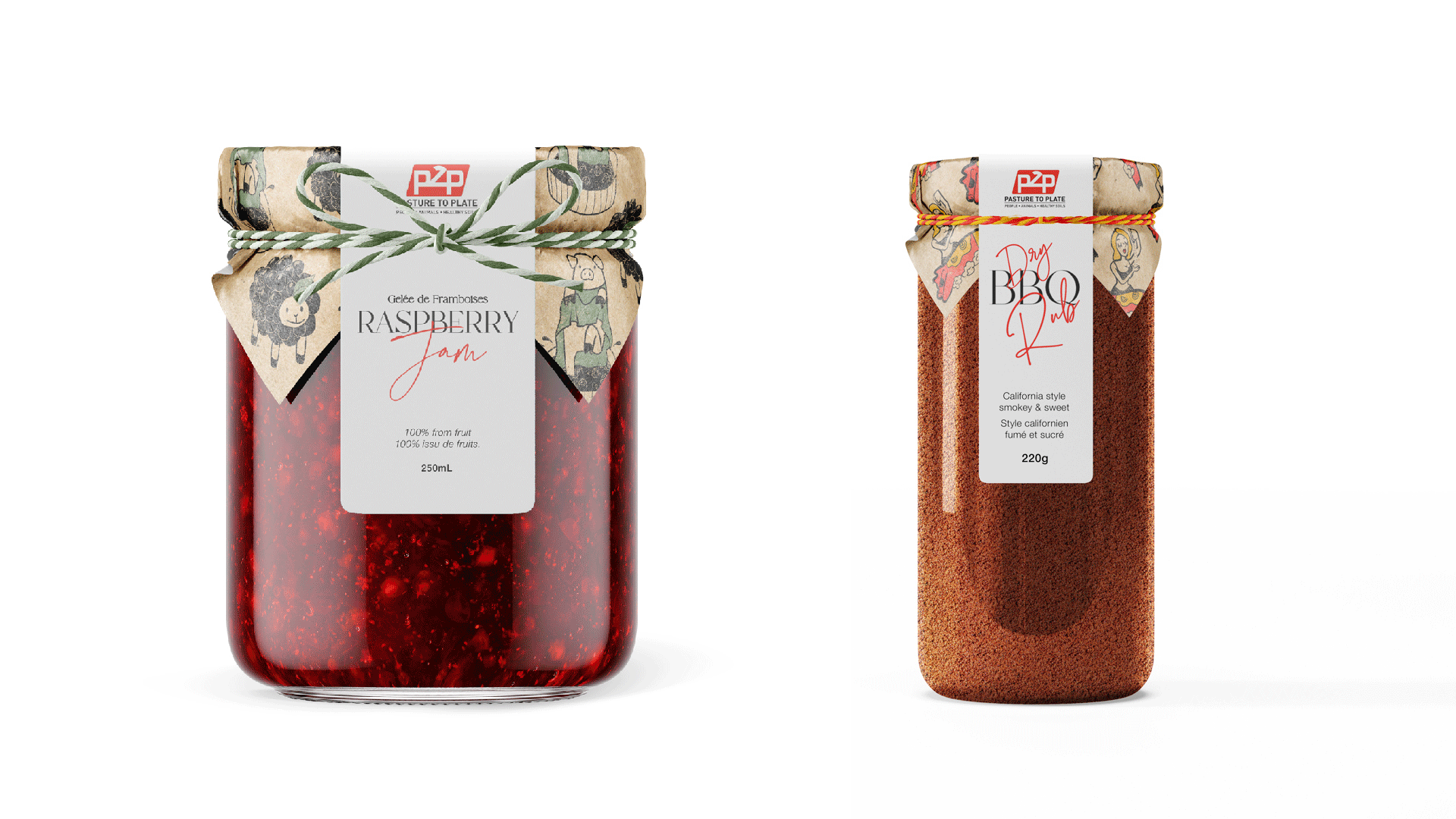 Pasta, jam, spice, baguette, and knife set packaging designed cohesively.