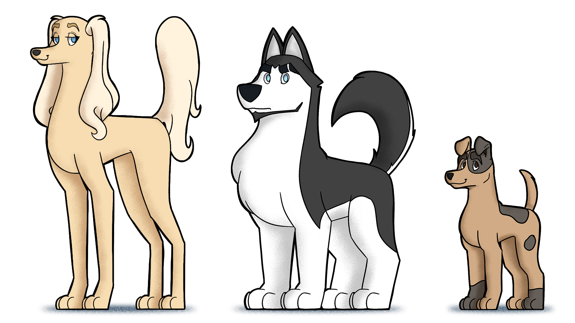 A coloured character lineup of three dogs. On the left is a tall blonde saluki, in the middle a medium sized black and dark grey husky, and on the right is a small light brown and grey terrier.