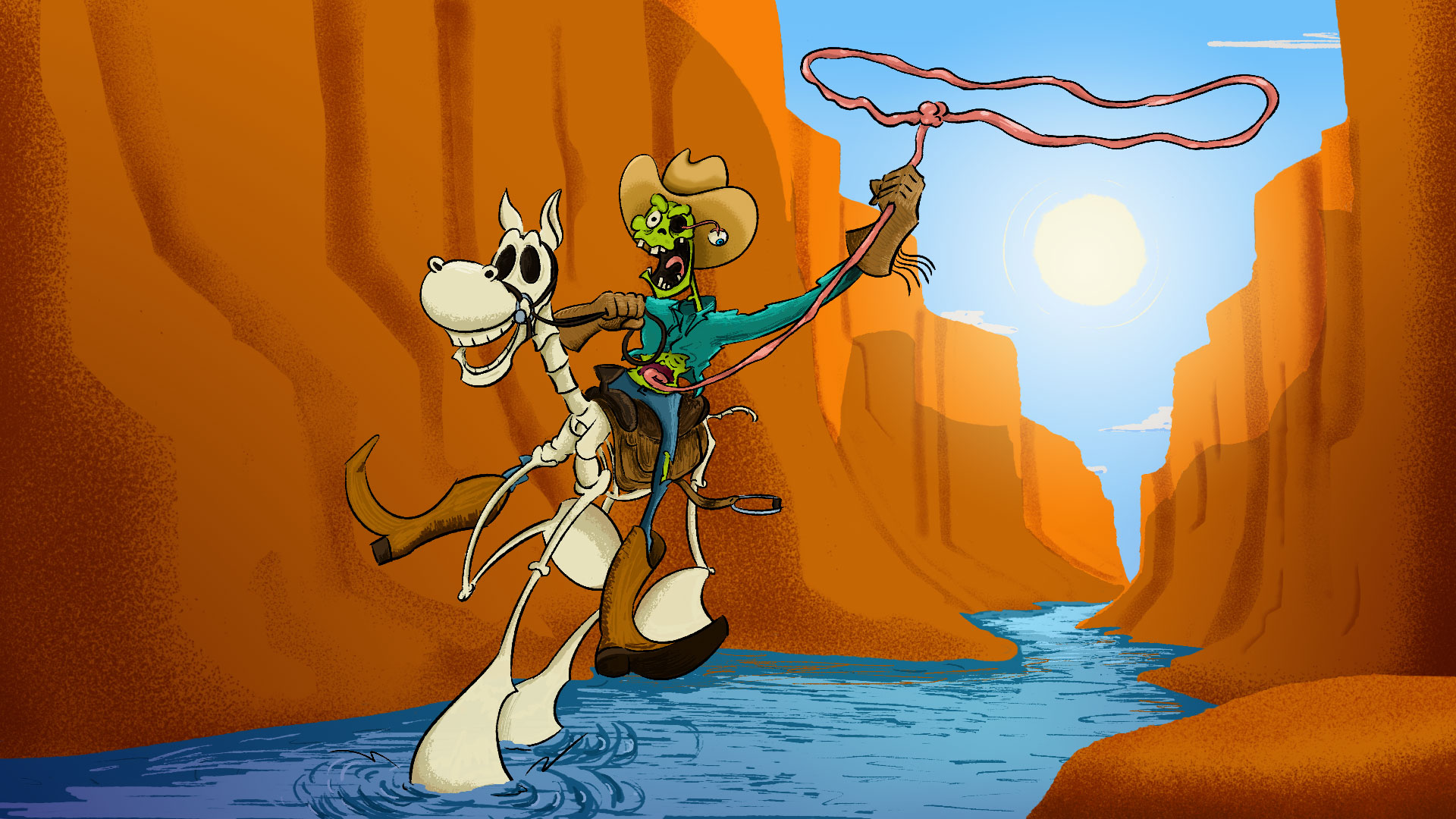 An illustration of a zombie cowboy riding a skeleton horse in a gorge. The zombie’s small intestine—pulled out from his abdomen—is being used as a lasso.