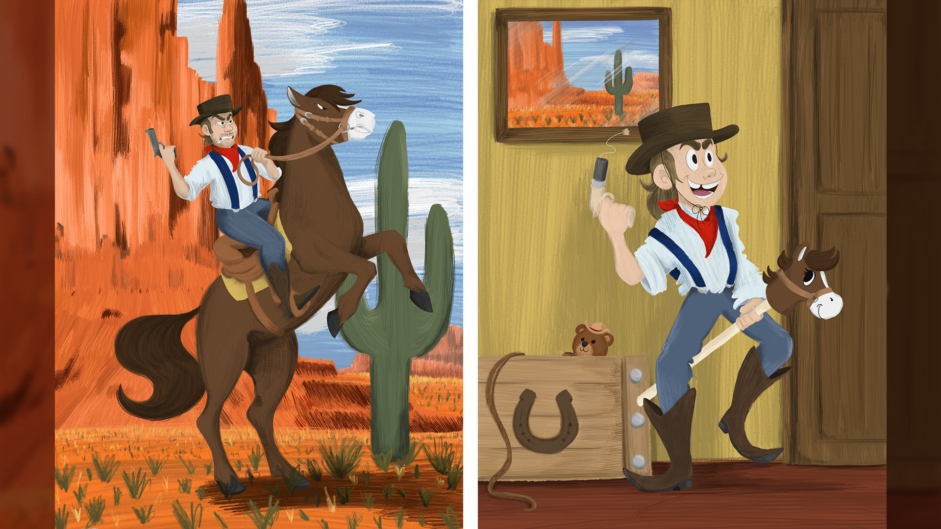On the left is an illustration of an outlaw on a rearing horse. He is in the desert and holding his gun up. On the right is a piece mirroring the left. A child dressed in western wear that is too big for him is holding up a freshly discharged cork gun as he rides a toy pony.