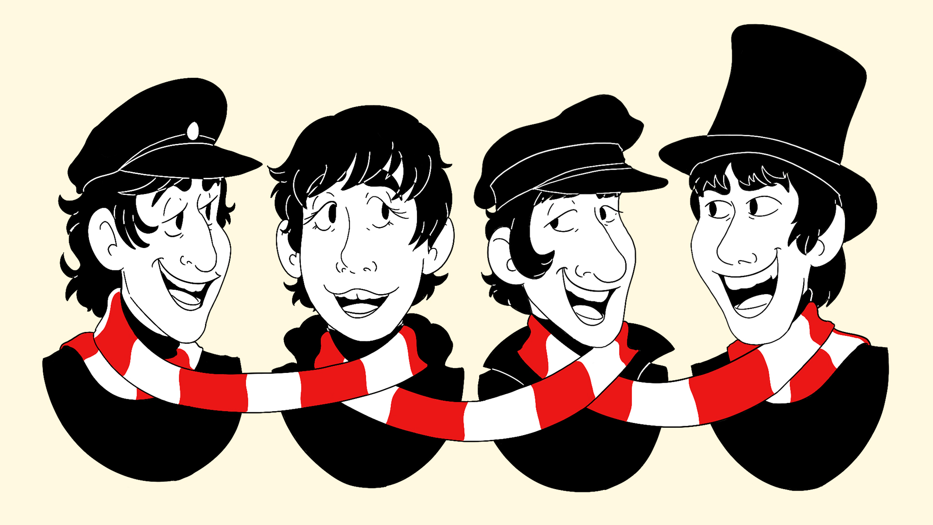 An illustration of busts of the members from the sixties rock band, The Beatles, drawn in black and white. A seamless red and white scarf is looped around their necks, connecting them.