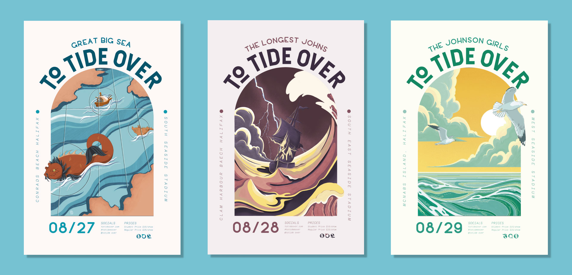 A series of 3 illustrated posters on a flat colour background.
