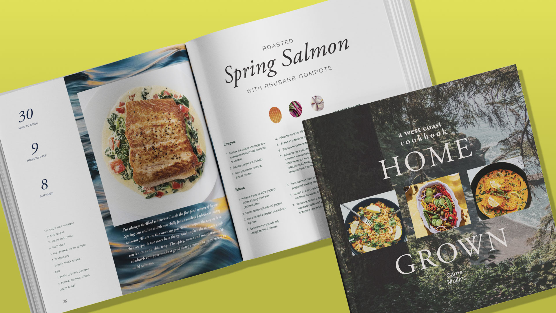 An image showing the cookbook cover in front of a recipe spread.