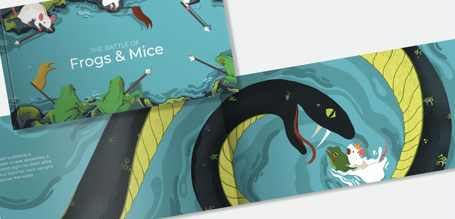 A book cover and spread for an illustrated children’s book, The Battle of Frogs and Mice.