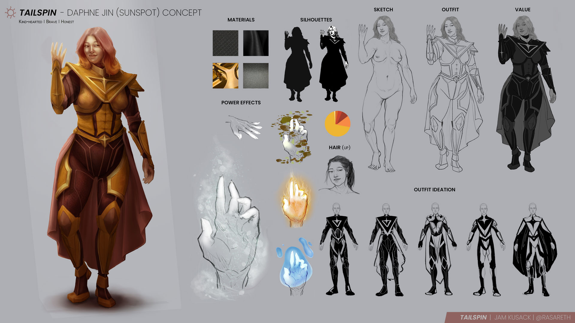 A character sheet featuring the stages in the character design process, concept work, silhouettes, and swatches on the right side of the screen. The final character design is on the left: a smiling East Asian woman with pink hair, wearing a yellow and pink superhero suit. Her fingertips are permanently white and spreading in veins down her arm.