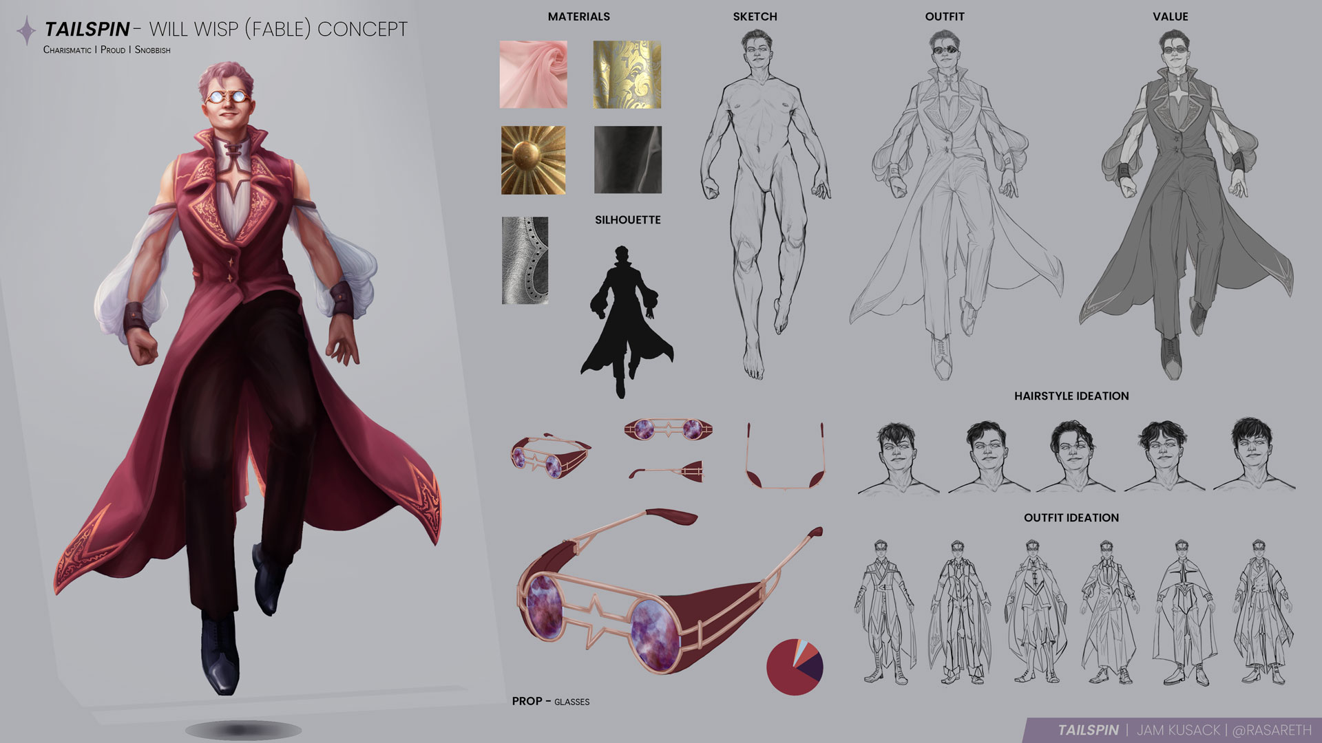 A character sheet featuring the stages in the design process, concept work, a silhouette, and swatches on the right side of the screen. The final character design is on the left: a white man with purple hair hovering above the ground with a smirk on his face. He wears a waistcoat and dress pants with a billowy shirt, and opaque glasses.
