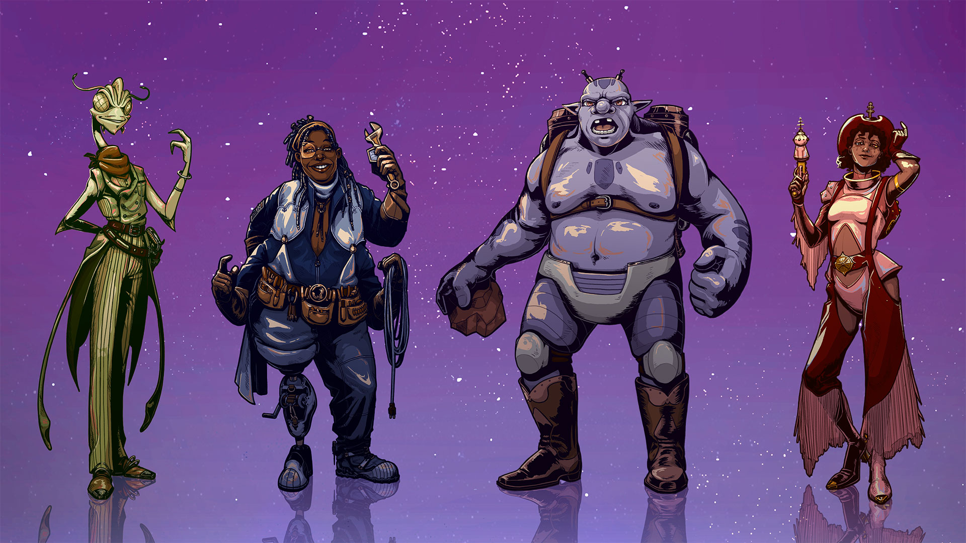 A lineup of 4 characters on a space background. The characters are rendered in comic-style: a space cowgirl, a sly insectoid, a 4-armed mechanic, and an angry troll.