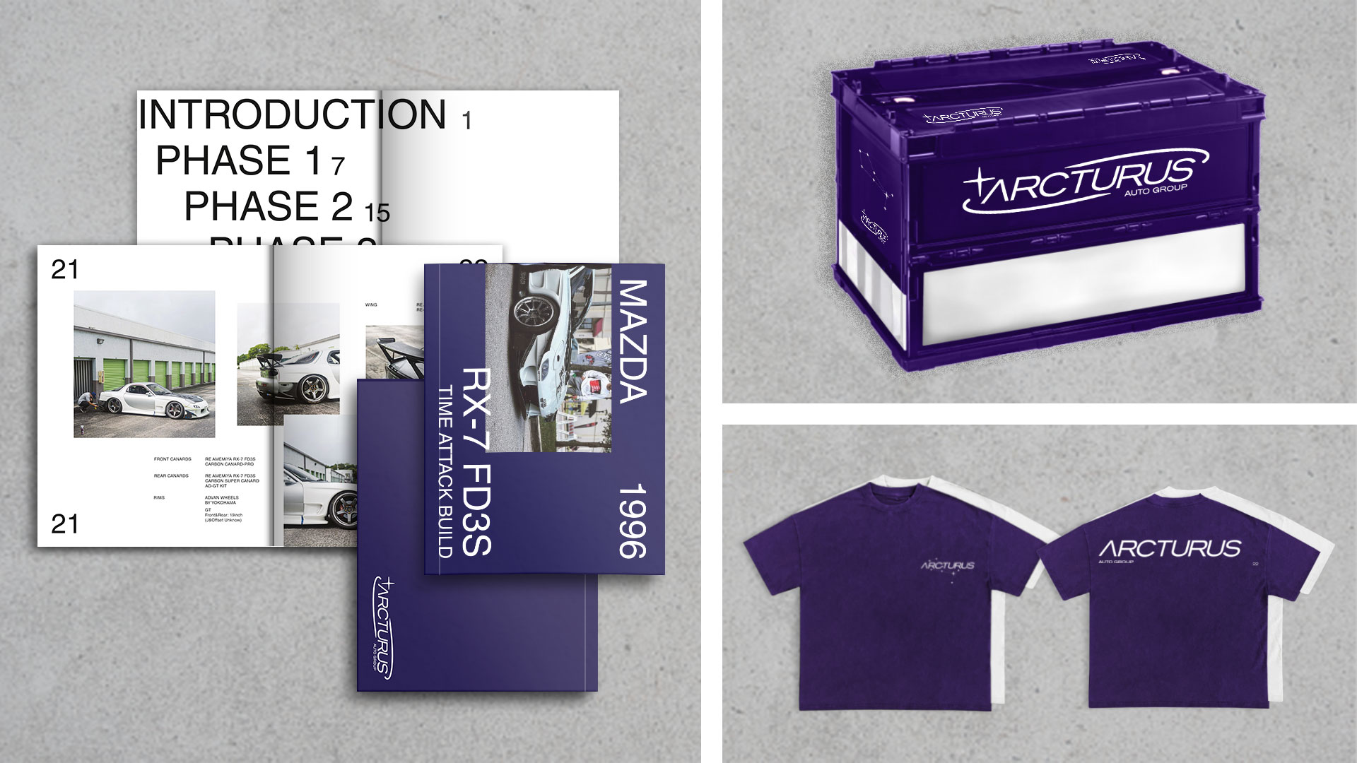 A display of branded items for Arcturus Auto Group including a zine, a foldable container, and T-shirt designs.