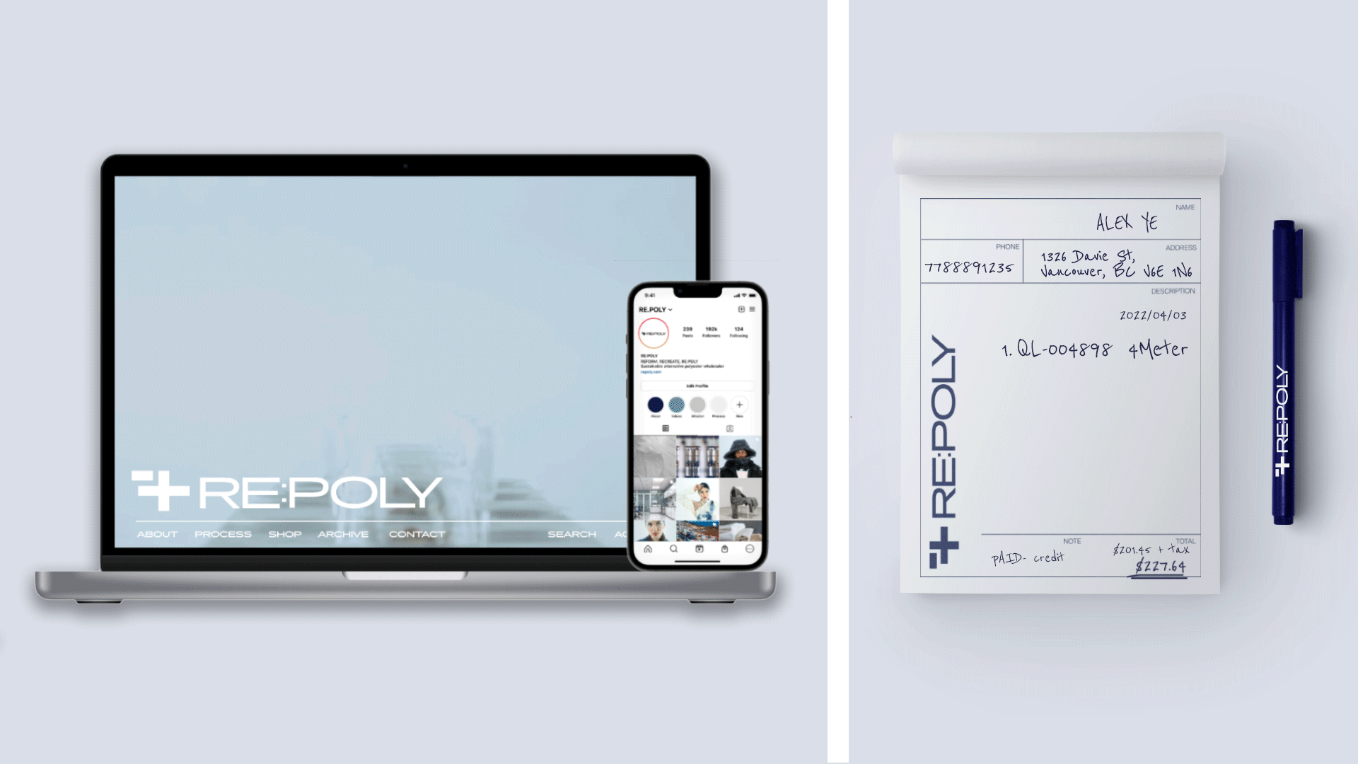 On the left is a GIF showing website and social media content. On the right is an image of a branded RE:POLY order form and pen.