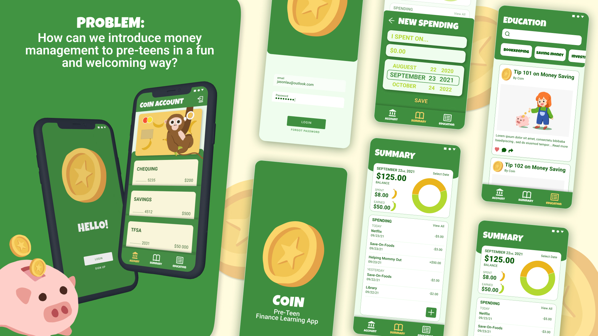 On the left is an iPhone mock-up showing the launch screen of the Coin app with a problem statement at the top. On the right are six screens from Coin organized in a grid formation.