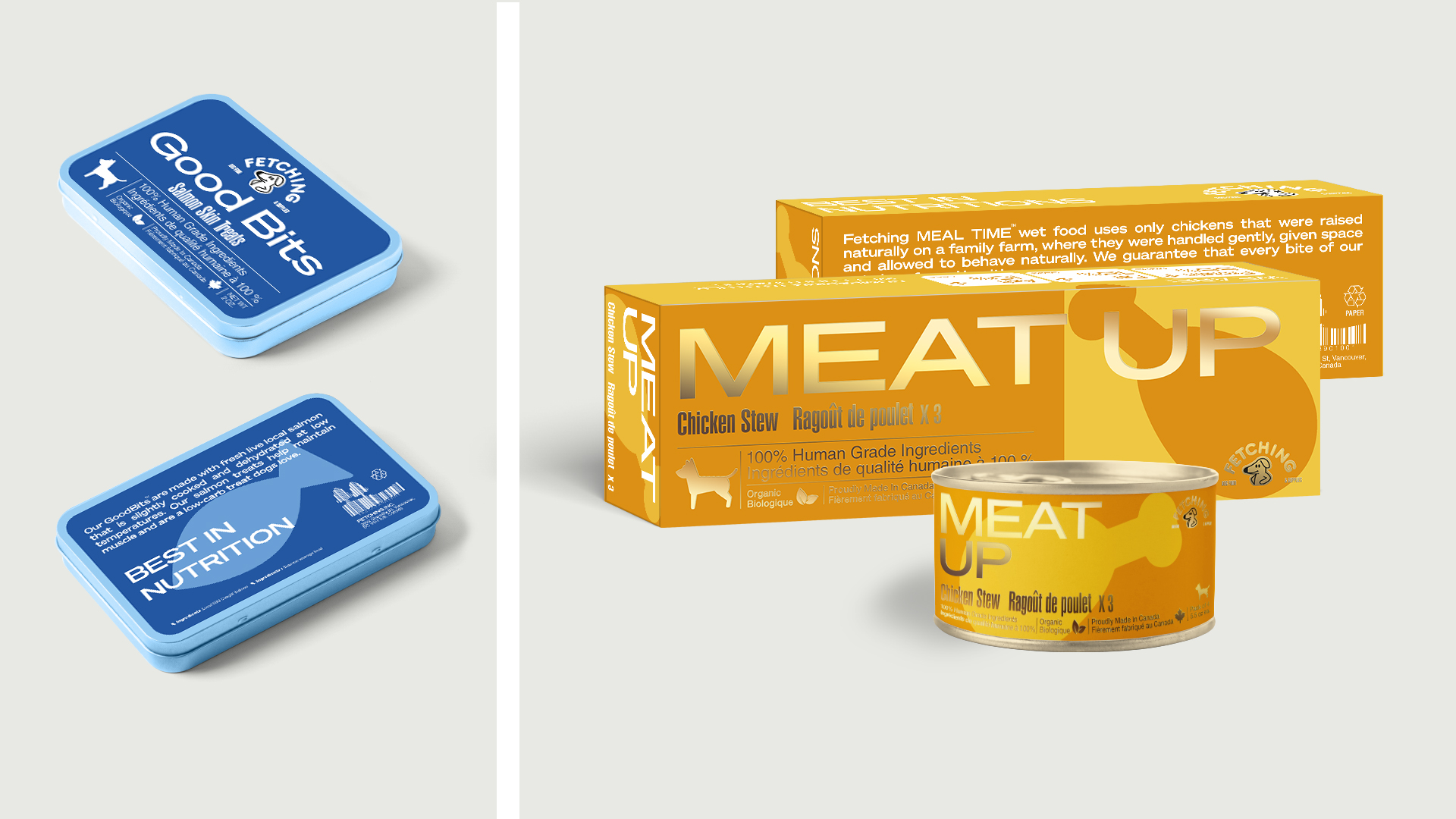 The left side of the image shows front and back views of the packaging for “Good Bits” salmon treats. The right side shows front and back views of the packaging for the premium wet food “Meat Up” as well as one of the cans.