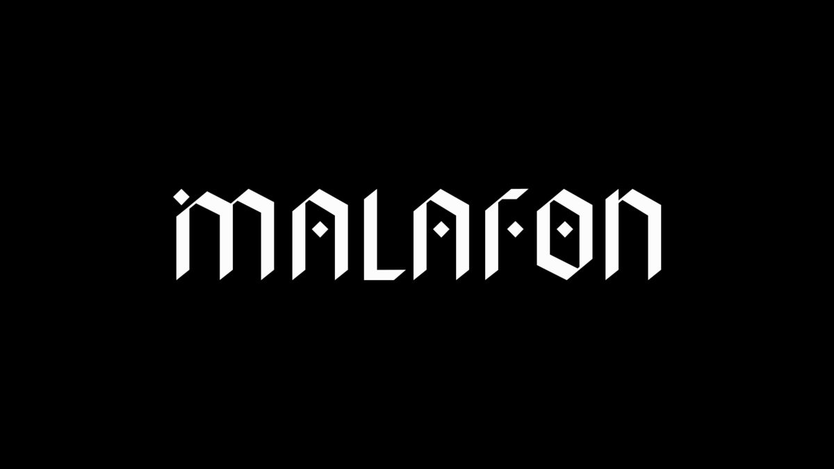 An animated gif that begins showcasing the font’s name “Malafon,” then shows the pangram “Sphinx of black quartz, judge my vow,” finishing with example terms “Shatter Stone, Artificial Intelligence, Magic Missile, Tenebris System, and Slay 14 Dire Wolves.”