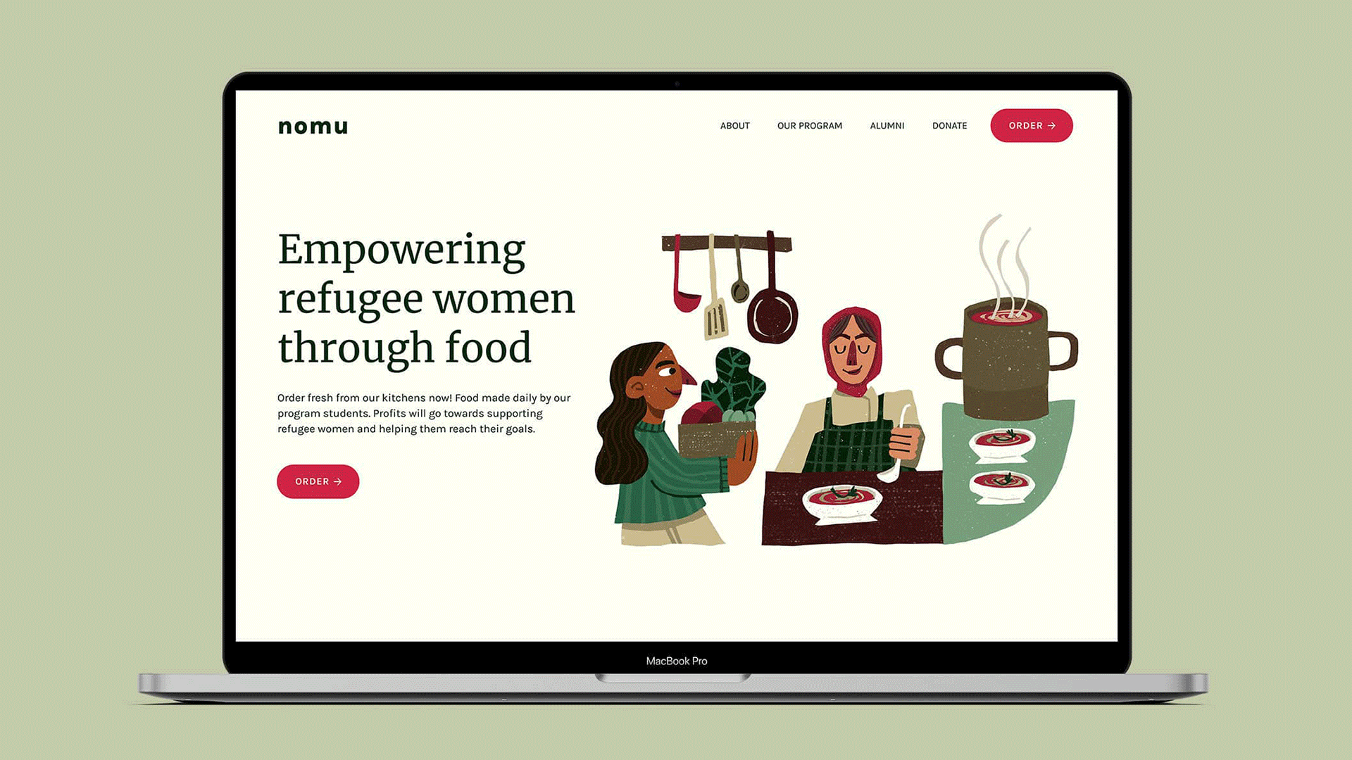 A GIF of a laptop on a light green background showing images from Nomu’s website: the landing page with an illustration of two women cooking soup; various screens from the website’s home page; the daily menu page; and checkout flow pages.