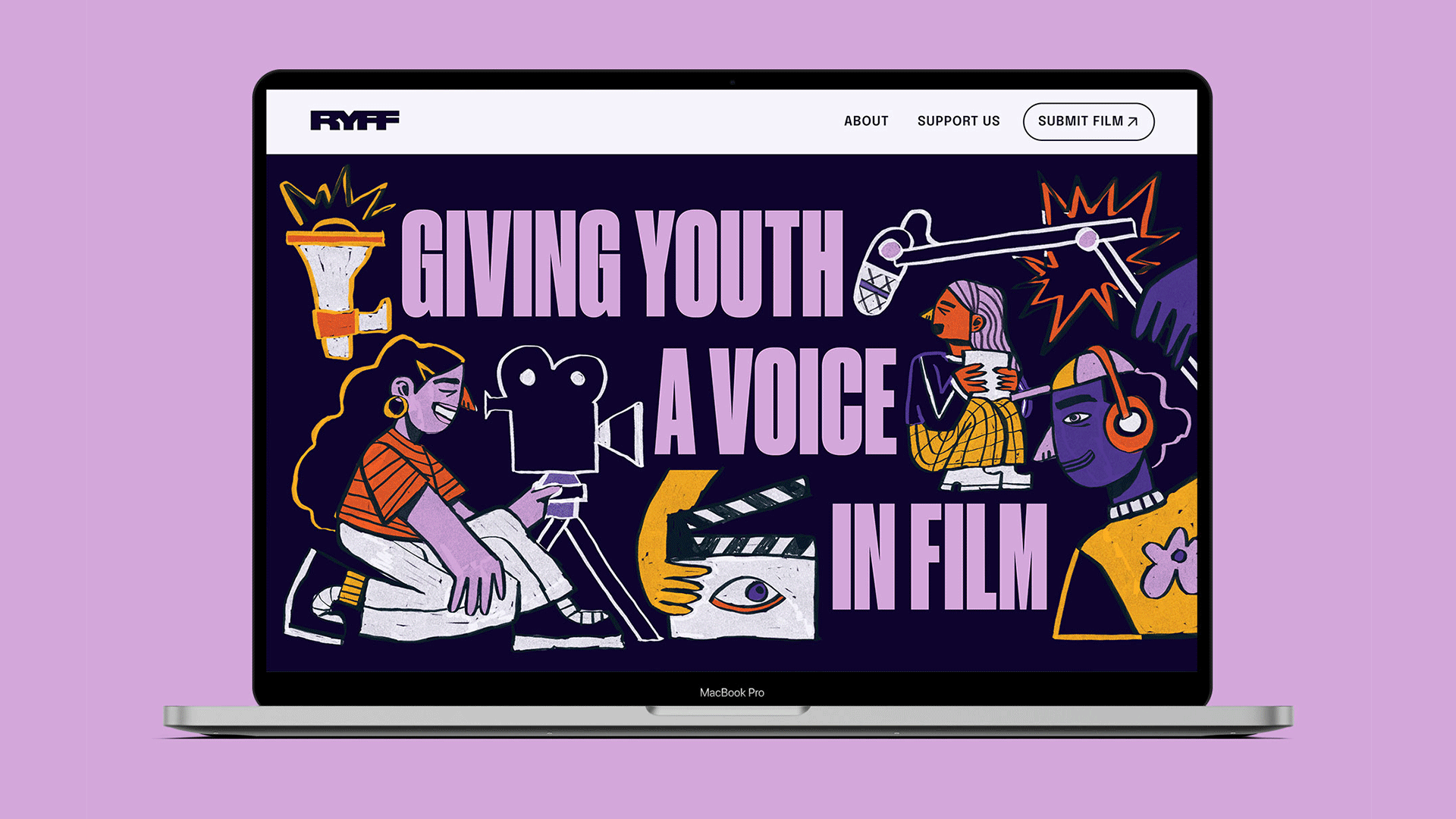 A GIF of a laptop on a light purple background showing images from the Reel Youth Film Festival microsite: the landing page with an illustration of teenagers using film equipment; various screens from the website’s home page; the about page; the film submission page; and the support page.