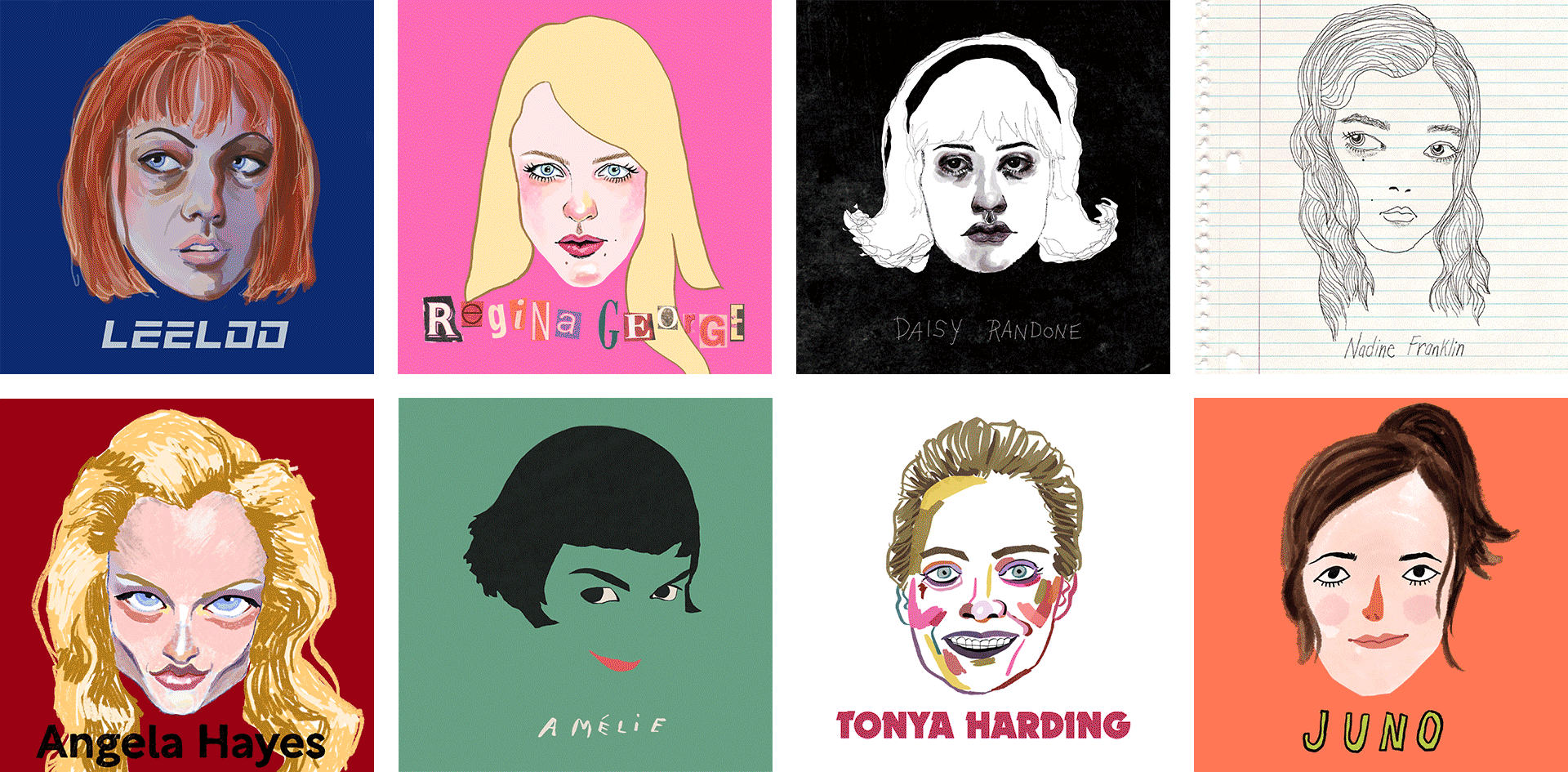 A GIF of a 4 x 2 image grid showing assorted illustrations of women film characters, drawn in various styles.