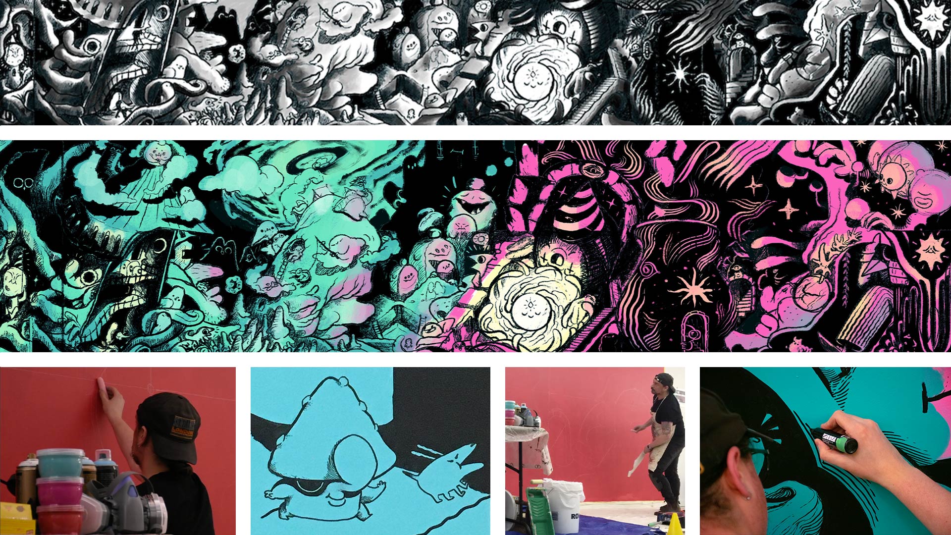 Two draft sketches of the mural composition, depicting a swirling young star emerging from a floral cocoon with dozens of fantastic creatures large and small converging excitedly. Below are four work-in-progress shots of the artist drawing freehand on the wall. A large-nosed mushroom creature waddles with a barking dog, and intricate linework is laid down on a wintry giant’s head.