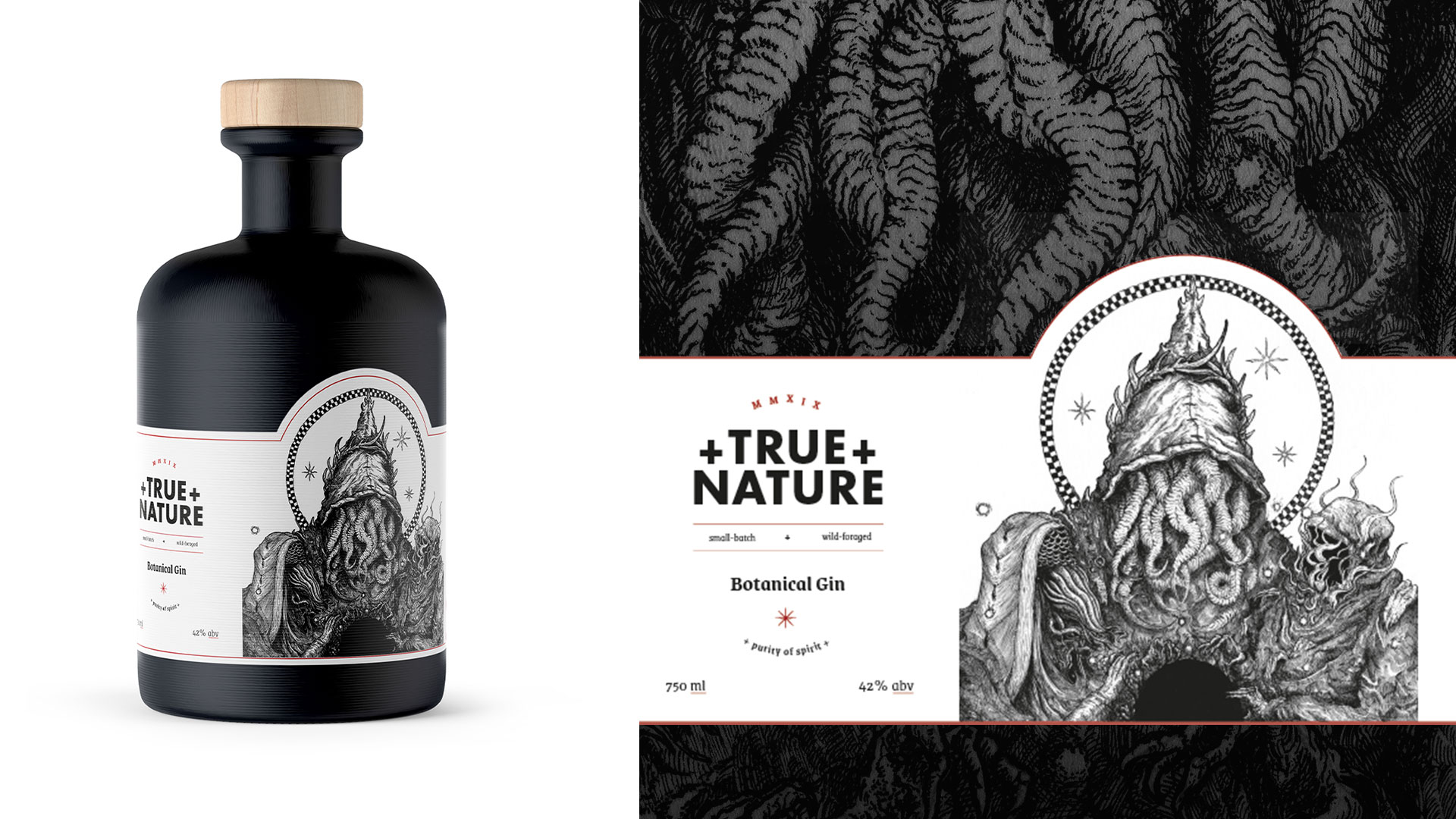 A black bottle of gin sits left, with a second image of the label, superimposed on a textural illustration background.