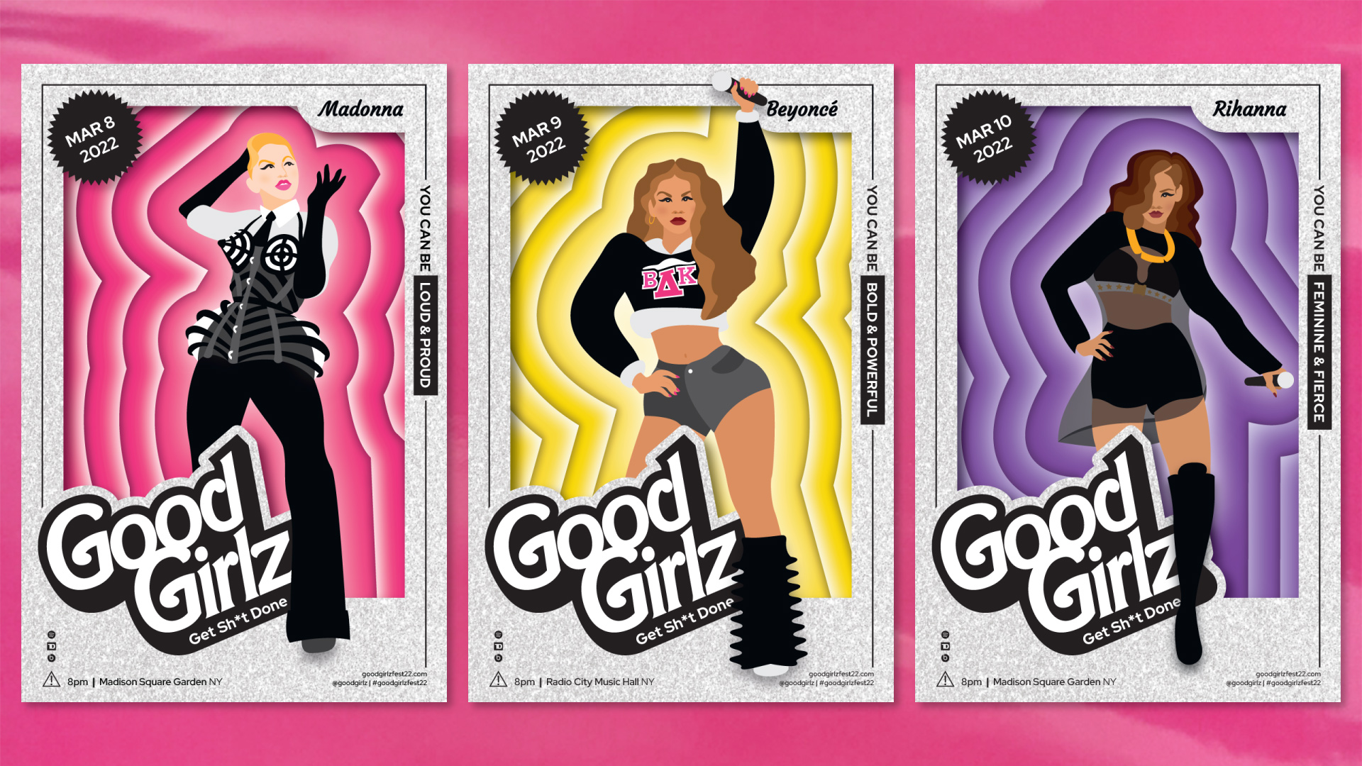 Three music festival poster designs for Good Girlz Music Fest featuring individual illustrations of Madonna (left), Rihanna (center) and Beyonce (right).