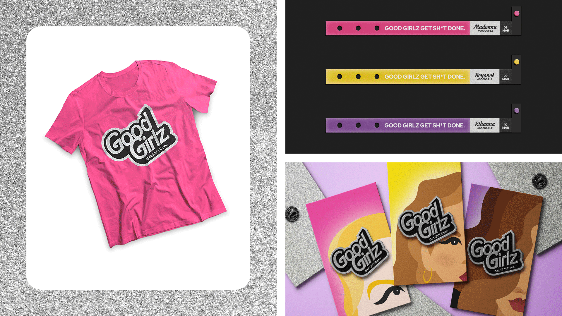 A GIF of pink, yellow and purple t-shirts with a sparkly Good Girlz Music Fest logo; three festival wristbands with the festival’s tagline: “Good Girlz Get Sh*t Done”; and three metal Good Girlz logo pins.