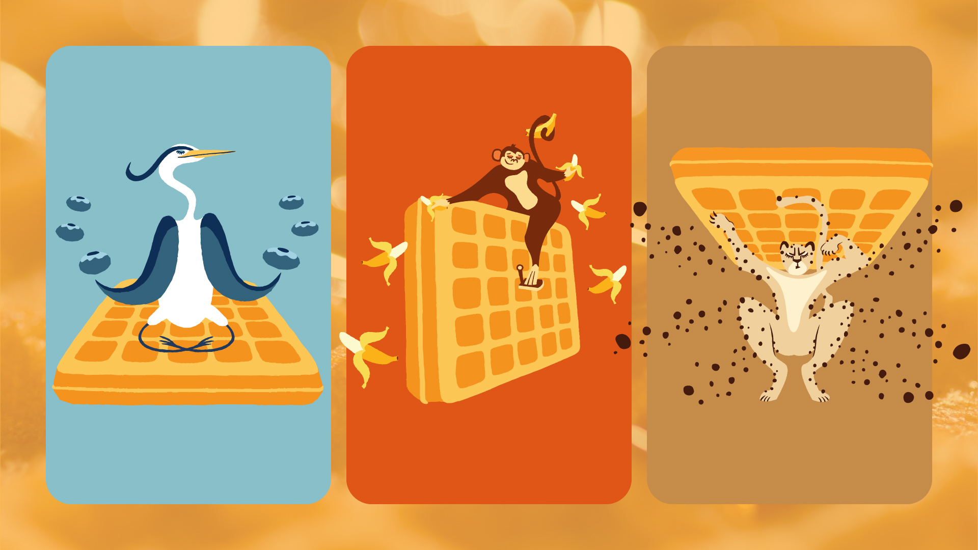 Three character illustrations representing each of Norma’s waffle mix flavors: a heron, accompanied by some blueberries, sits on top of a waffle; a monkey, accompanied by some bananas, pedals on top of a waffle; and a leopard, accompanied by some chocolate chips, squats and holds a waffle overhead.