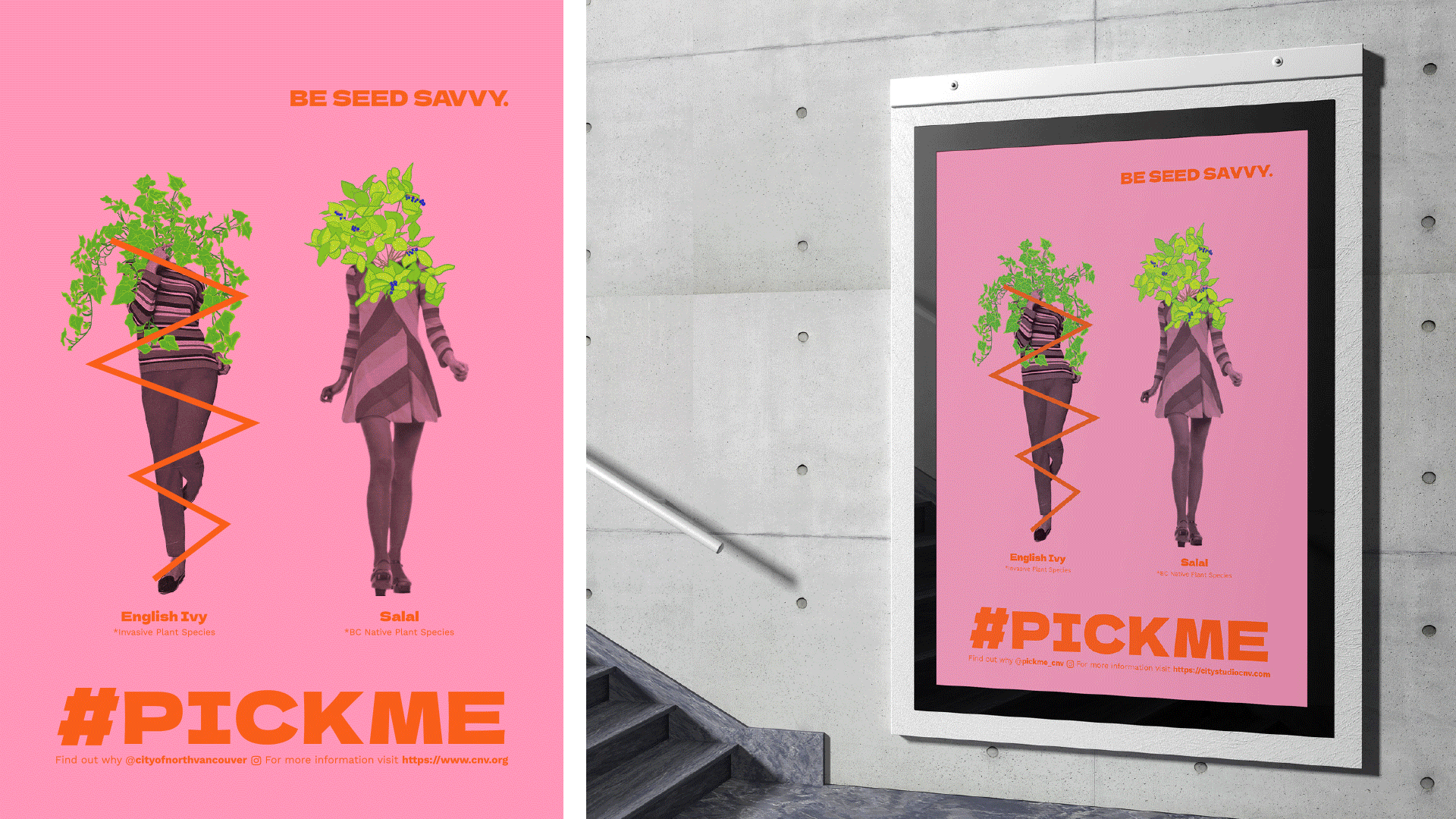 On the left, a GIF features the awareness campaign’s three flat poster designs, each comparing one invasive plant species to one B.C. native plant species. On the right, a GIF features the campaign’s poster designs in real life settings, as a transit poster, a bus shelter ad, and a plant nursery’s storefront signage.