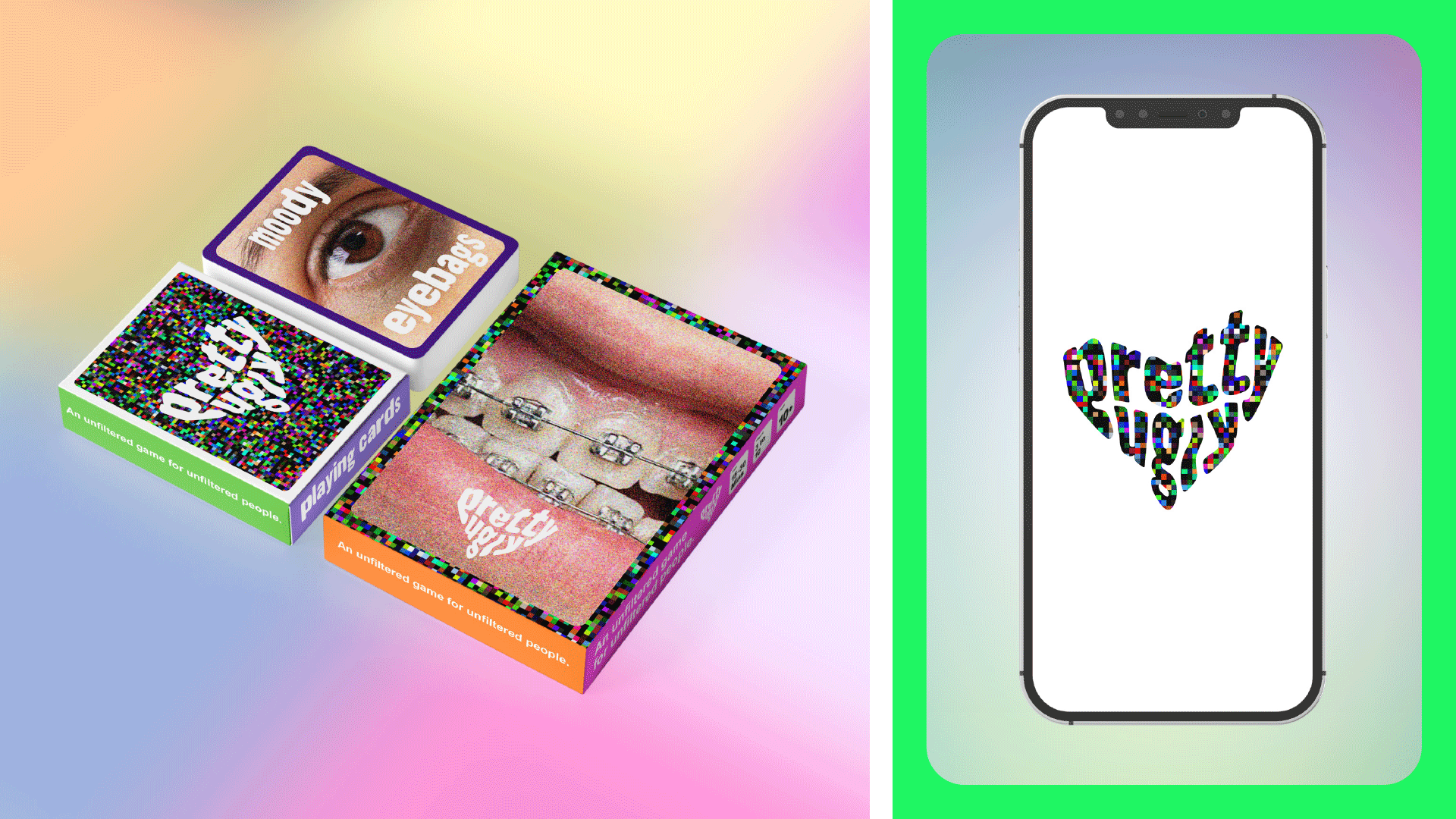 On the left is packaging for the game’s prompt cards and playing cards. On the right, a GIF flips between Pretty Ugly’s logo and its Instagram page.