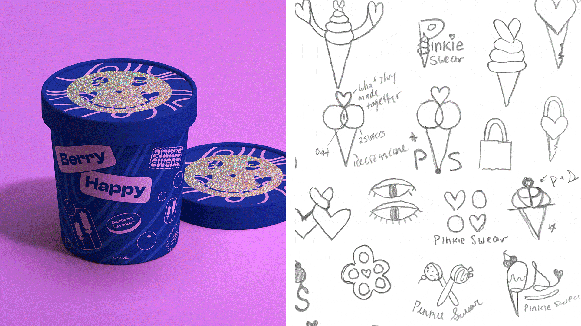 A collection of colourful ice cream tub packaging alongside logo sketches for the brand.