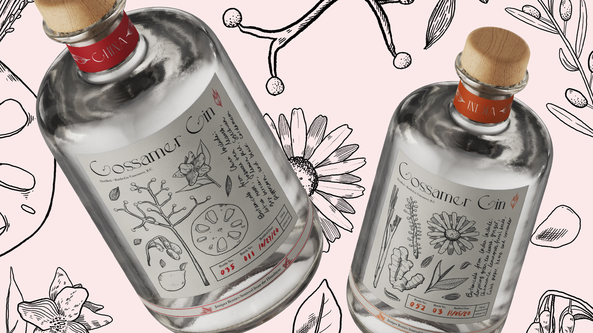 Two elegant gin bottles with beautiful botanical illustrations.