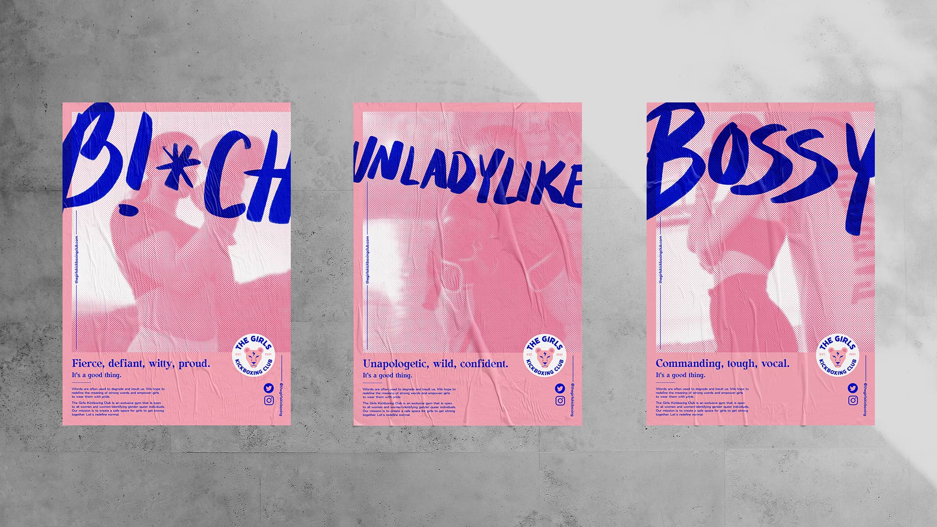 Three pink posters with bold handwritten text overlayed on the faces of women kickboxing.