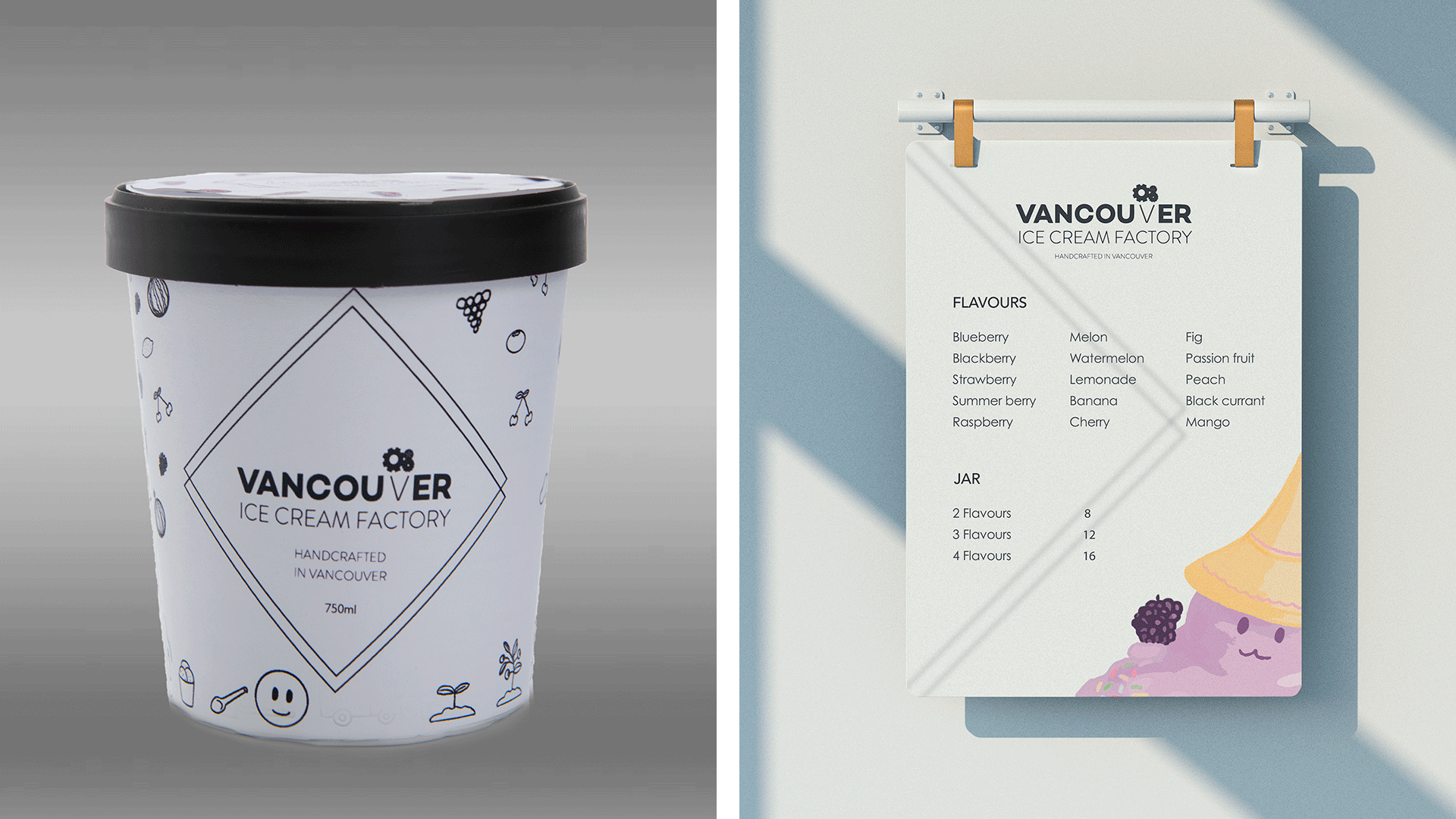 GIFs showing front and back views of an ice cream bucket on the left, and a menu and t-shirt on the right.