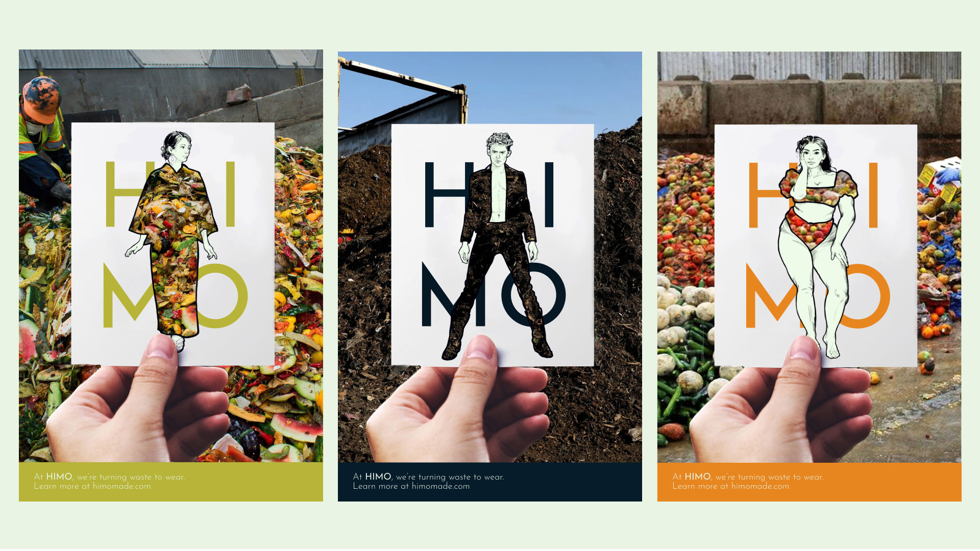 Three posters displaying paper cutouts of fashion models in front of food waste.