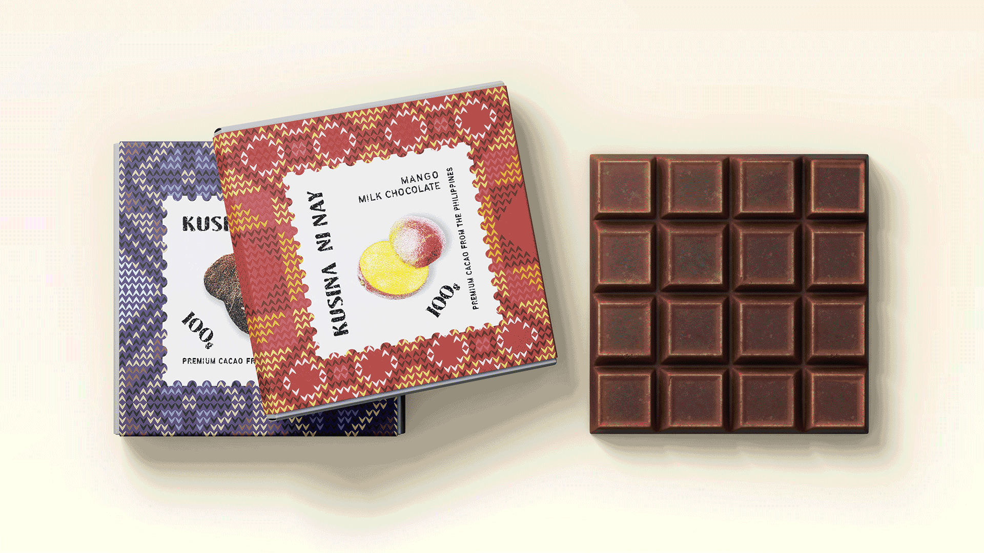 Two chocolate bars in patterned packaging next to a single chocolate bar.