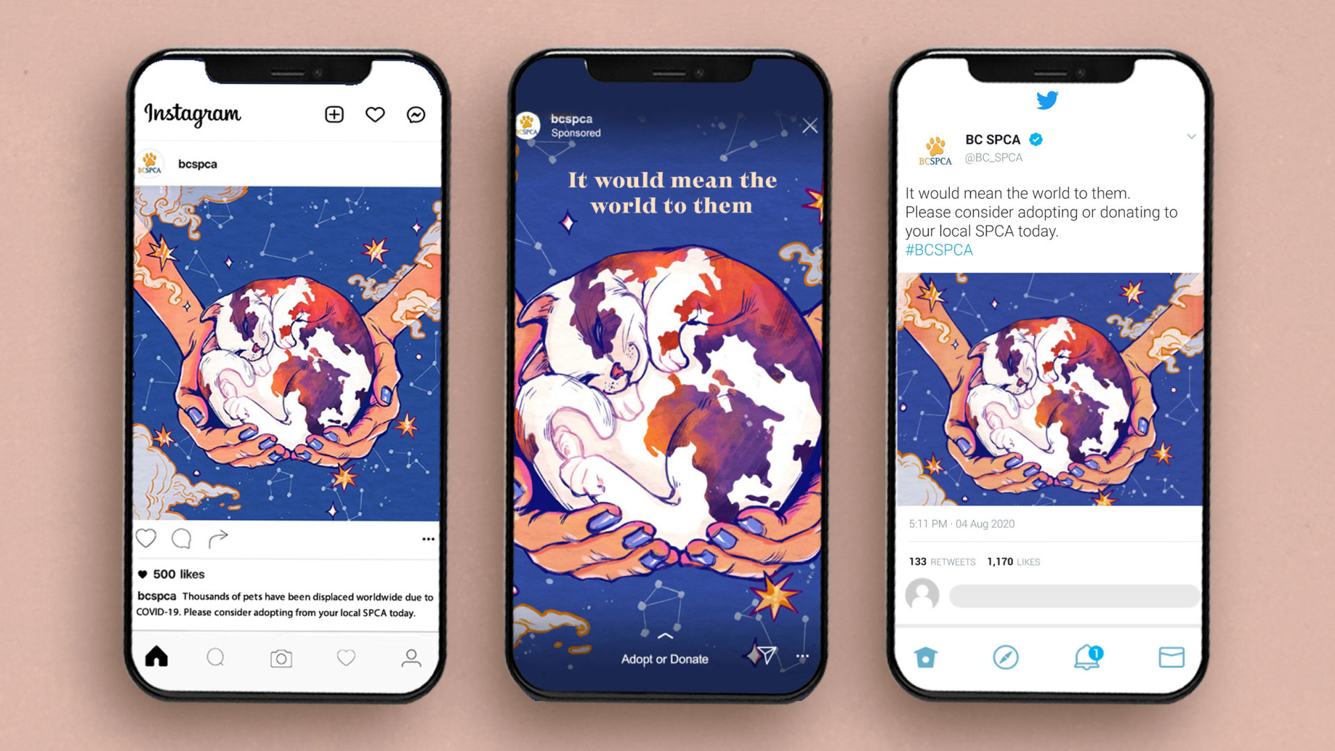 Three phone screens showing social media apps and cropped artwork of hands holding a cat in the sky.