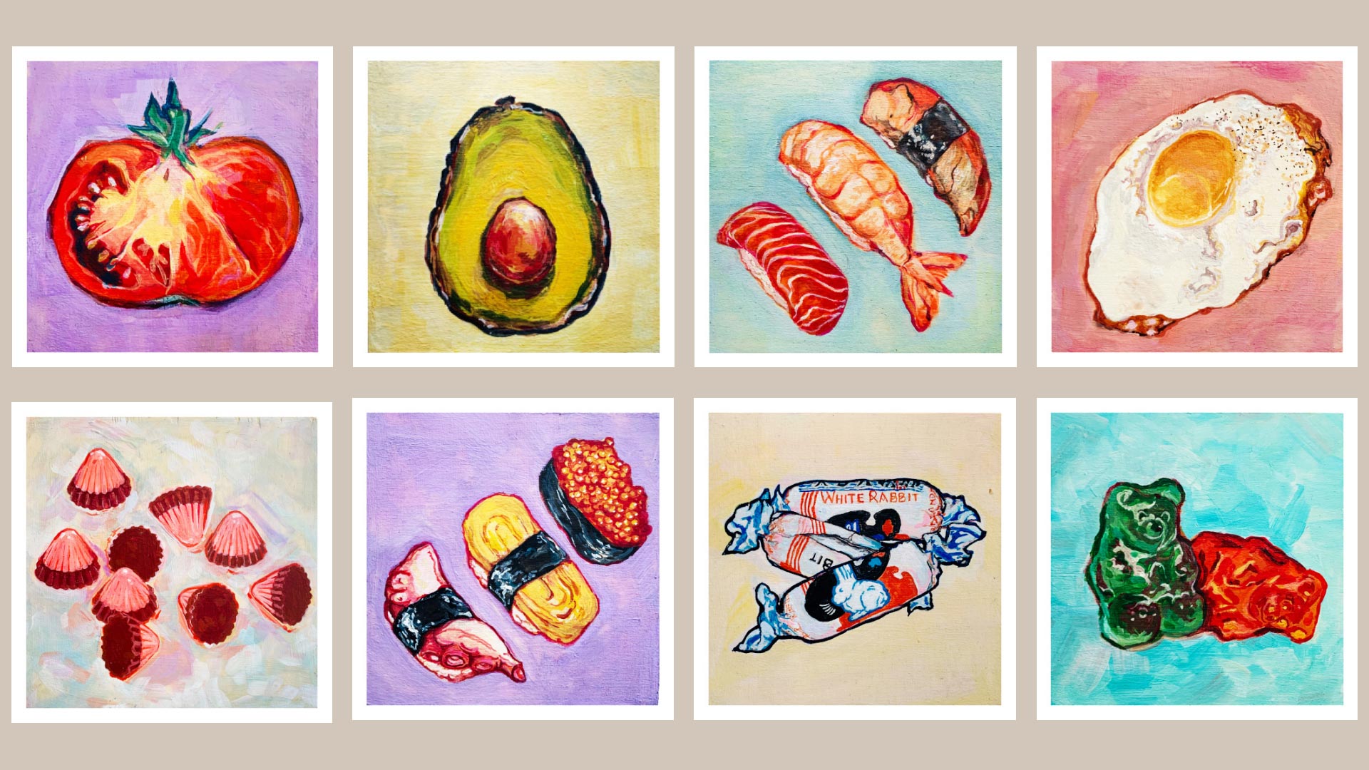 Square paintings of a half-cut tomato, a half-cut avocado, gummy bears, chocolates, two sets of nigiri, rabbit candies and a fried egg.