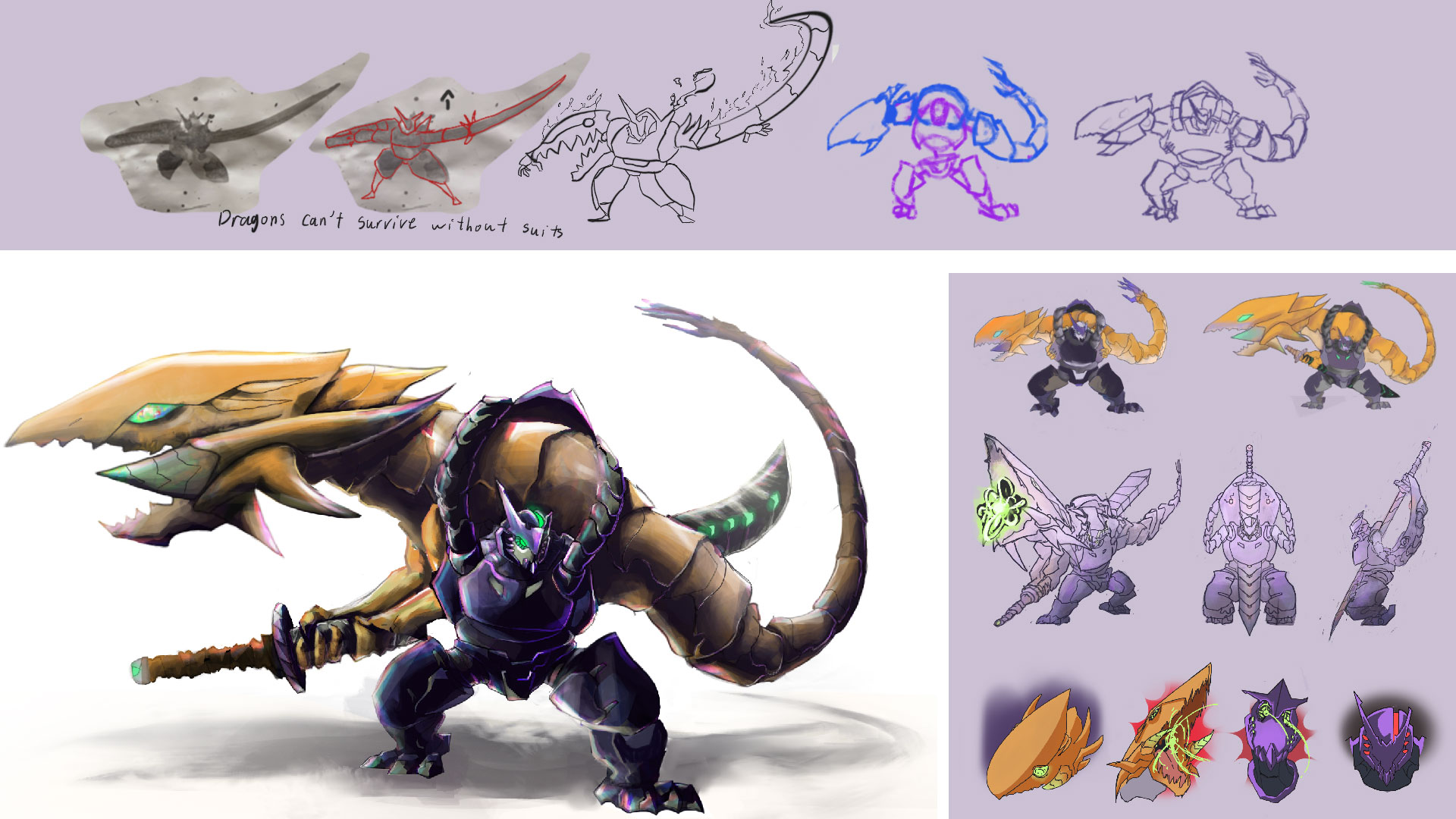 The bottom left image is of the Dragon-mech who appears as if there is an orange Lyndworm growing out of its back. The Lyndworm is a snake like dragon with a giant head and arms holding a longsword with a curved tip. The mech is a stocky, thick limbed, purple-toned robot who carries the dragon like a backpack and uses the dragon as a stand-in for his arms. The sequence at the top of the page shows the progression from ink blot to first line art stage. The right-hand panel shows the rough coloured versions of first stage line art and final stage line art with the rows that follow showing poses and expressions. The top row poses are of the duo charging up a blast from the dragon’s mouth, and a front and side view of the deactivated mode for the robot without the dragon. The bottom four expressions are of the dragon in a sad and angry state, and for an enraged and depowered robot when the lights change from a neon and vibrant green to a basic red.