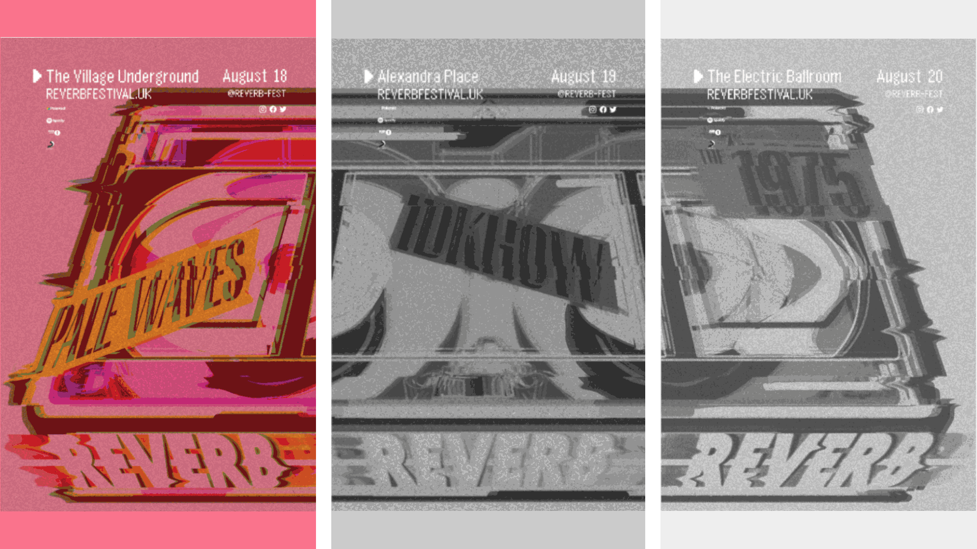 A series of three posters which when viewed together form the image of a transparent cassette tape. Poster one is mainly red, poster two is mainly orange, and poster three is mainly yellow. The text of the poster mimics old VHS text layout. The cassette image is illustrated to have a glitching effect and has the bands’ names as “stickers” on the VHS. The title of the festival “Reverb” is placed on the bottom with a white line through it that suggests the image of a wavelength, the overall effect is that of glitching as the name and moves to the left and right in orange, red, and yellow.