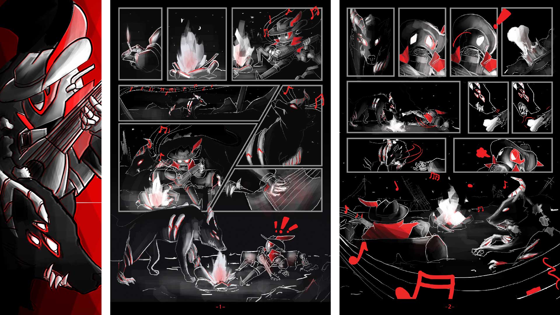 The graphic novel features minimal colours: black, white, and red. The story begins on the left with the robot lighting a fire and beginning to play a song on his lute in the wasteland. The center panel introduces the wolf that has warped bones poking out of its skin a horn for an ear and three eyes on the side of its face. The wolf hears the music and begins to wander and surprises the robot who is caught off guard. Face to face with each other, the robot notices that there is a bone with some meat on it and offers it to the wolf, who takes a second before accepting it and settling down beside the relieved robot who continues playing as the graphic novel spread ends.