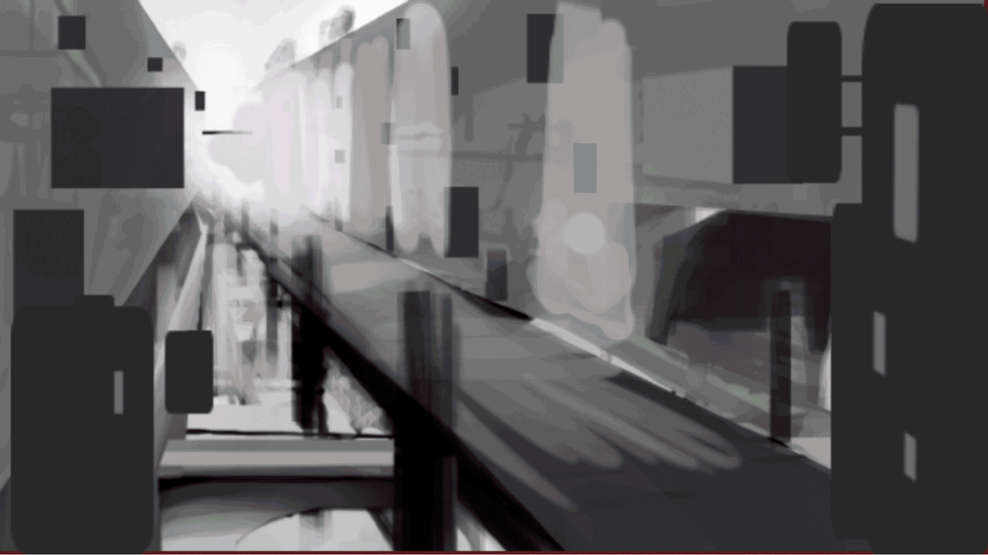 Five images looping in a gif showing the process of creating a landscape town. Image one is the initial concept, image two sets the lighting values in black and white, image three is a rough render setting in a basic brown tone, image four adds arcs over the railroad and changes the lighting after a draw over, and image five is the final render with corrections to the perspective. Added effects include lighting and fog, and the removal of signs to draw more attention to the train in the distance.