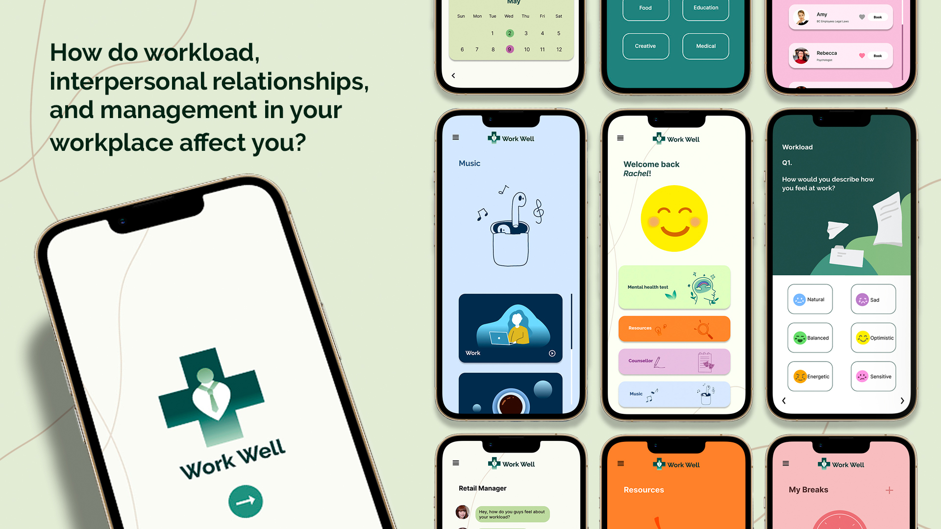 A display of workplace mental health app screens.