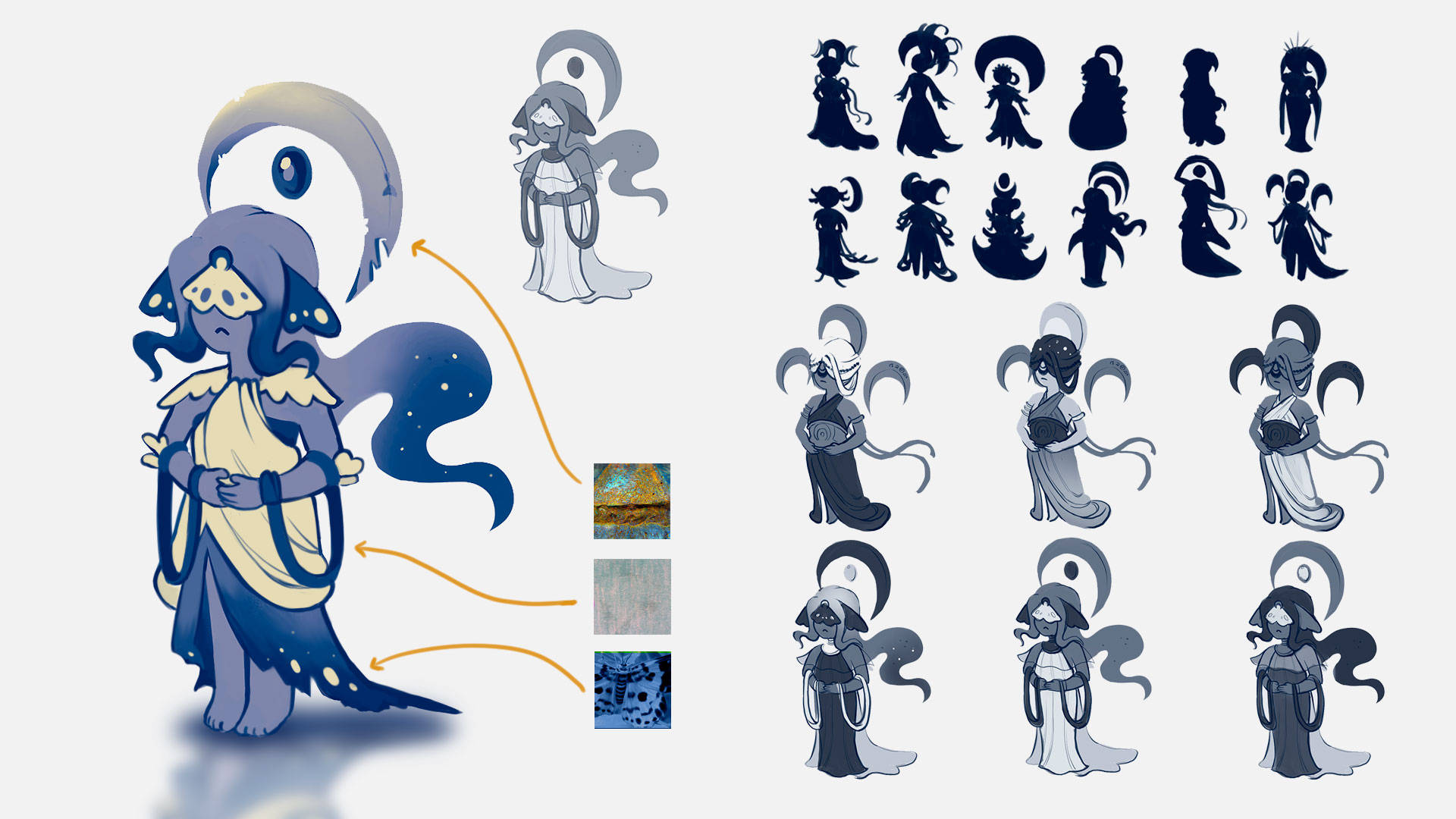 A rendered drawing of the fallen goddess is on the left with images of material references to the right. Her design is based off Aztec mythology and the blue tiger moth. To the right there are silhouettes and concept sketches of the character.