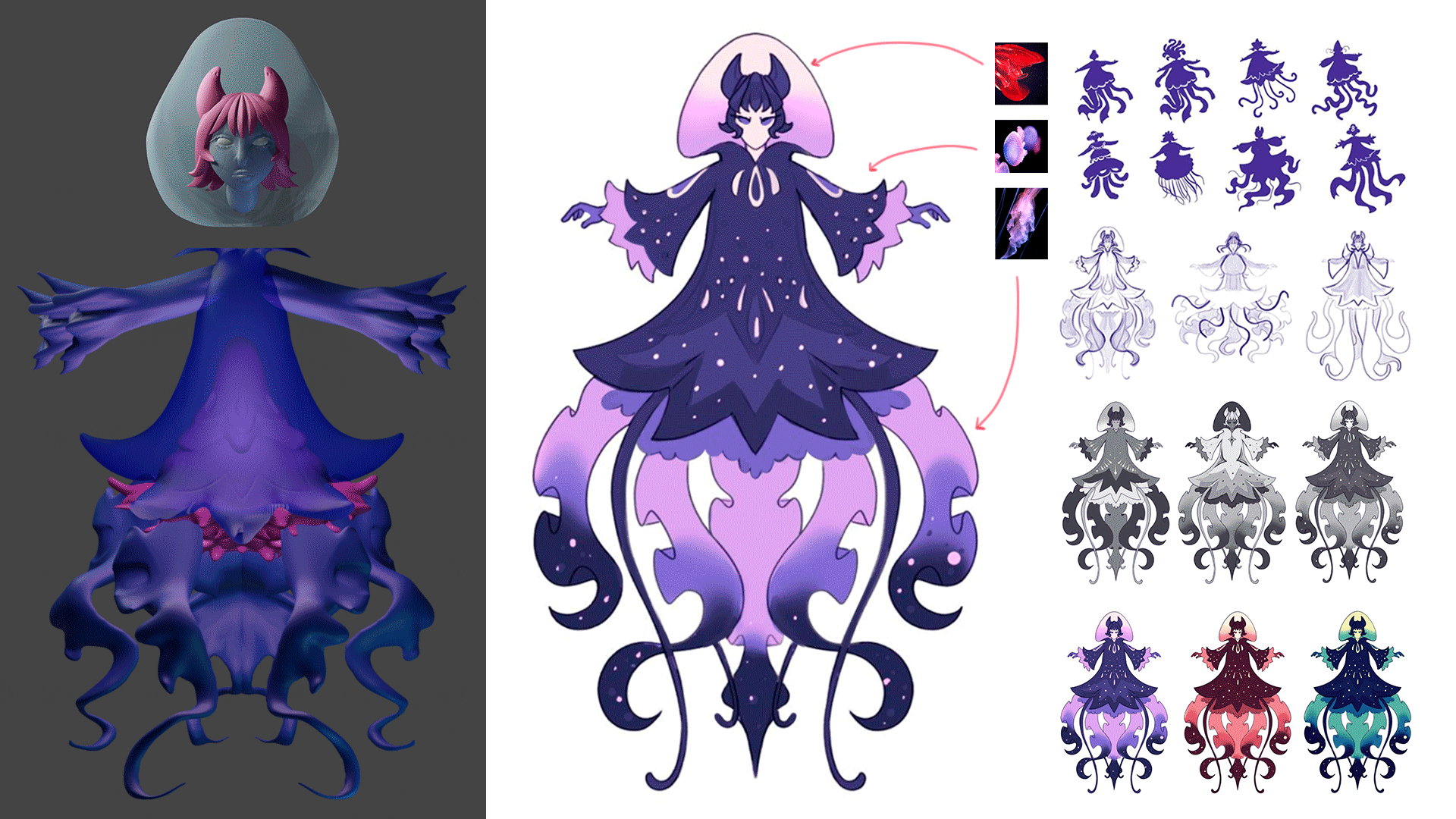 Jellyfish sea-witch character with a spinning 3D model, next to sketches and progress work of the character.